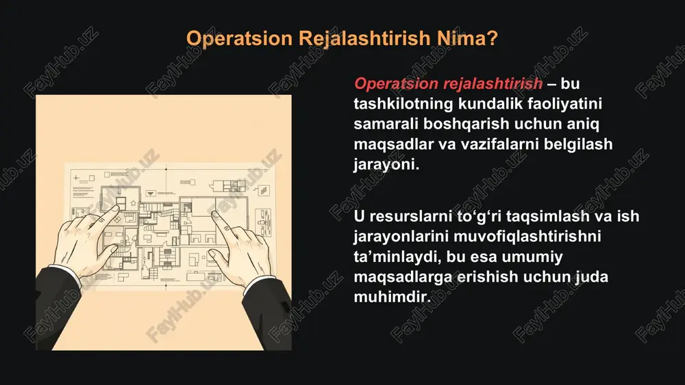i rivojlantirish uchun muntazam treninglar va qo‘llab-quvvatlash tizimini yaratish. motivatsiya va mas’uliyat xodimlarning mas’uliyatini oshirish va ularni motivatsiya qilish orqali yuqori natijalarga erishish. operatsion rejalashtirishning tashkiliy afzalliklari samaradorlikni oshirish ish jarayonlarining optimallashtirilishi orqali umumiy samaradorlikni sezilarli darajada oshirish. resurslardan oqilona foydalanish mavjud resurslarni eng maqbul tarzda taqsimlash va ulardan maksimal foyda olish. maqsadlarga erishish tashkilot maqsadlariga tez va aniq erishish uchun mustahkam poydevor yaratish. amaliy misol: operatsion rejalashtirish jarayoni yangi mahsulotni bozorga kiritish bo'yicha operatsion rejalashtirish jarayoni: • tadqiqot va ishlanma: yangi mahsulotni ishlab chiqish uchun tadqiqotlar o‘tkazish, prototiplarni yaratish. • ishlab chiqarishni rejalashtirish: ishlab chiqarish jarayonini tashkillashtirish, xomashyo ta’minotini yo‘lga qo‘yish. • marketing va sotish: mahsulotni bozorga olib chiqish, reklama, kampaniyalarini o‘tkazish va sotish strategiyalarini ishlab chiqish. xulosa va tavsiyalar 1 operatsion rejalashtirish samarali boshqaruvning asosi hisoblanadi. 2 doimiy monitoring va xodimlarni rivojlantirishga e’tibor qaratish muhim ahamiyatga ega. 3 tashkilot maqsadlariga erishishda operatsion rejalashtirishni doimiy takomillashtirish zarur. presentation by …