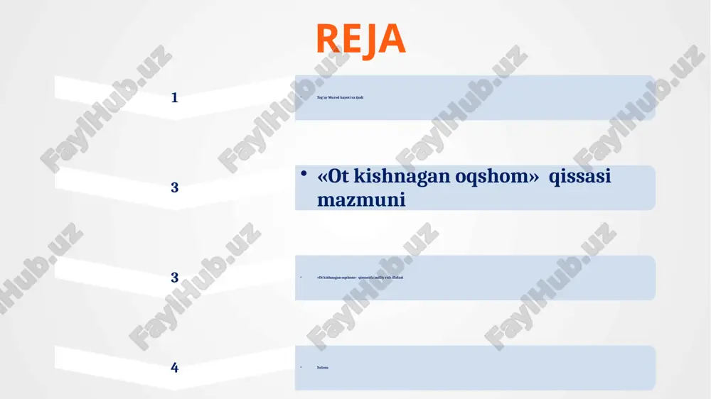kishnagan oqshom» asari mazmuni tog‘ay murodning har bir qissasida millatning yaqin yuz yillikdagi fojiasini fosh qilib beradi, uning asarlarida madaniyatlar to‘qnashadi, zulmning bor qiyofasi ochiladi, xo‘rlangan va xorlangan ruh, milliy madaniyat ohanglari tirilib millatga qaytariladi. millatga har bir qaytarilgan ruh kitobxonga “yuqadi”. shu jumaladan, “ot kishnagan oqshom” asarida ham sevgi, yurt, millat tushunchalari qoliplangan so‘zlar shaklida emas, tabiiy, oddiy, kamtarona, ming yillar mobaynida shakllangan madaniyat qanday bo‘lsa , sof tuyg‘ular ham shunday “ tiriltiriladi” yozganlari o‘quvchi qalbiga kiradi. qishloqning oddiy, o‘qimagan, chapani insonining ham ko‘ksida urib turgan, ulkan yuragi “milliy ruhni” singdiradi. shuni aytish kerakki, adibning 1979- yilda bitilgan mazkur «ot kishnagan oqshom» qissasi adabiyotshunos va kitobxonlar ishonchini chinakamiga oqlagan. t.murod «yulduzlar mangu yonadi» qissasida ming yillardan buyon xalqimiz maishiy va madaniy turmushida katta o‘rin egallab, farzandlarimizni mard, vatanparvar qilib tarbiyalashda muhim tarbiyaviy omil vazifasini o‘tab kelayotgan, lekin sho‘rolar davrida e’tibordan qolgan milliy sport turi, olish, ya’ni kurash haqida kuyinib …