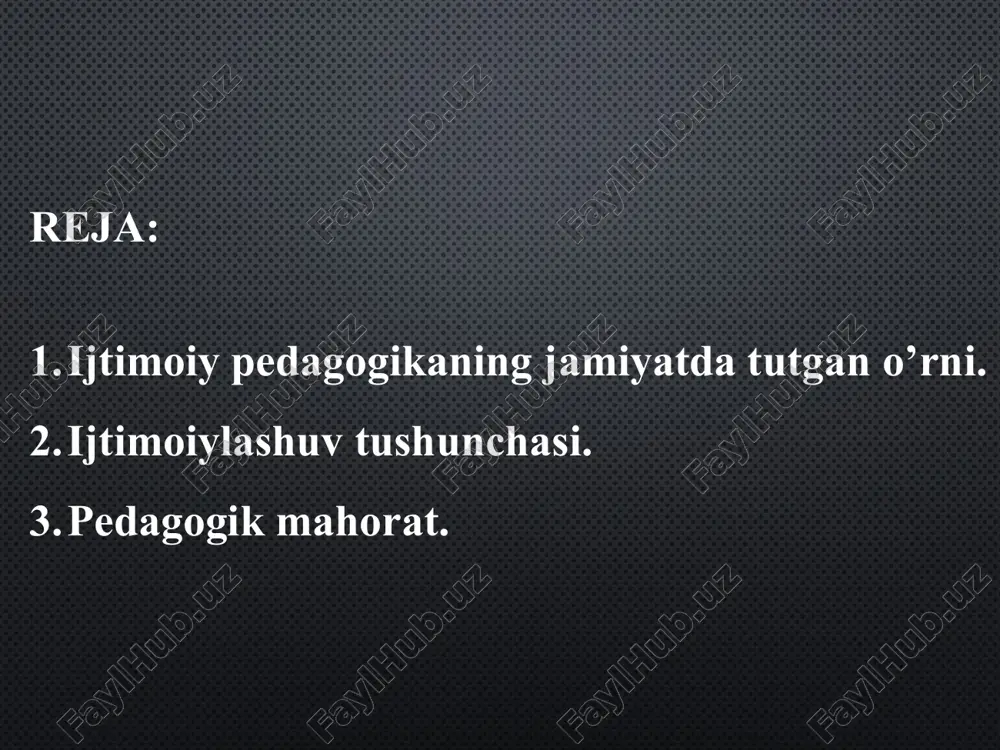 jarayoni bir muncha rivojlandi. buni birgina pedagogika fani misolida ham ko‘rishimiz mumkin. jumladan, «maktabgacha pedagogika», «maktab pedagogikasi», «maxsus pedagogika», «kasb-xunar pedagogikasi», «oila pedagogikasi», kabilar. fanlarni bu taxlitdagi o’zaro birlashuvining asosida ma’lum bir maqsadga qaratilganlik yotadi. bu xolni «ijtimoiy pedagogika» dan ham aniq ko‘rish mumkin. darxaqiqat ijtimoiy pedagogika ham pedagogika kabi ta’lim tarbiya jarayoni va xodisalarini o‘rganadi, ammo shuni ham ta’kidlab o‘tish joizki, u ularni muayyan o‘ziga xos yo‘nalishda o‘rganadi. ijtimoiylashuv uzoq davom etadigan murakkab jarayon. chunki har qanday jamiyat rivojlanish jarayonida ijtimoiy va axloqiy qadriyatlar, ideallar, axloqiy me'yorlar va qoidalar tizimini ishlab chiqadi, har bir bola yuqoridagi qoidalarni qabul qilib, o'rganib mazkur jamiyatda yashash, uning a'zosi bo'lish imkoniyatiga ega bo'ladi. buning uchun jamiyat u yoki bu shaklda shaxsga maqsadga muvofiq ta'sir etadi. bu ta'sir ta'lim vositasida amalga oshadi. ikkinchi tomondan, shaxsning shakllanishiga turli g'oyalar, ijtimoiy muhit ta'sir ko'rsatadi. odamlar ijtimoiy me'yorlar va axloqiy qoidalar bilan munosabatga kirishadilar va uni o'rganadilar. …