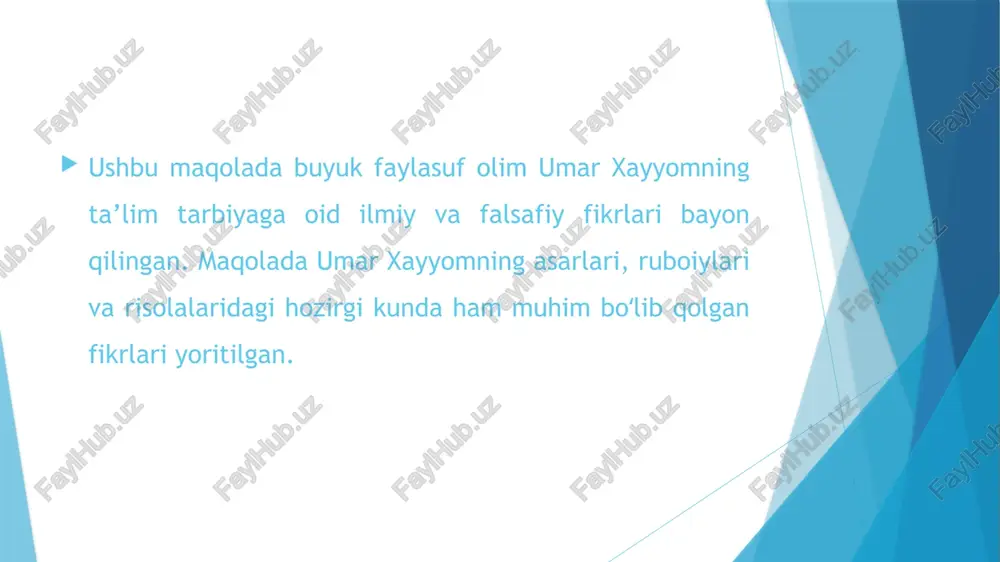 yonida qatnashadi. bu abadiy qaytish va aylanma harakat girdobidan ruhni faqat komillikka erishish ozod qilishi mumkin. umar xayyom ilmda ham, ijodda ham oʻzini shayx urrais abu ali ibn sinoning hassos va sadoqatli shogirdi hisoblagan. ibn sino asarlarini tushunmagan kishilar ularni izohlash va sharhlashni undan soʻraganlar. umar xayomning nuqtai nazaricha, xulq-atvor ikki yoʻl bilan: odat qilib olish yordamida va fikrlash jarayonida yuzaga keladi. bu yoʻllarning ikkalasi ham bir ishda ahamiyatga ega. yomon xatti harakatlar odatga kirib qolishi, yomon axloq boʻlib mustahkamlanib olishi mumkin, xuddi shuningdek “chiroyli” xatti-harakatlar ham “chiroyli” axloqqa aylanishi turgan gap. bu bilan u insonning axloqiy qiyofasini, uning xarakterini faol ravishda shakllantirish mumkinligini isbotlagan edi. olma sardaftari ishqning imlosi, yoshlik qasidasin jilva ziyosi. ey, ishq olamidan xabarsiz, bilgʻil, ishq emasmi asli hayot ma’nosi. xususan, ushbu misralarda faylasuf olmani ma’naviyat urugʻiga qiyoslab, ishqni soʻzini ilm ma’nosida ishlatmoqda. inson qalbida donolik urugʻini, oʻz-oʻzini anglaydigan muallim qoʻyadi, ammo tuproq sharoitlari va oʻsimliklarni …