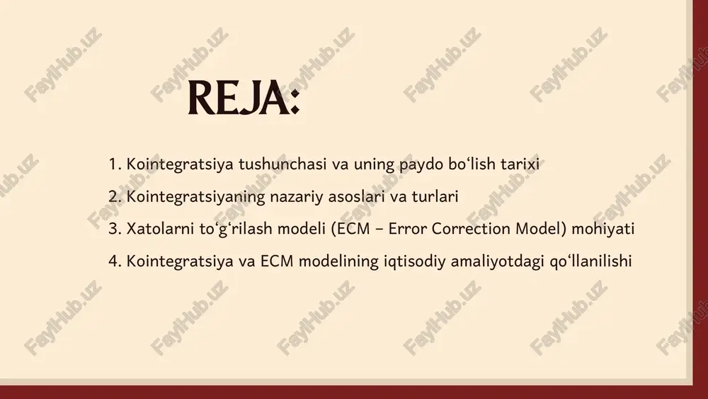tli bog‘liqlikni ifodalaydi. misol uchun, ikkita o‘zgaruvchi bor: yt va xtagar ular stasionar bo‘lmasa, ammo ularning chiziqli kombinatsiyasi stasionar bo‘lsa, ular kointegratsiyalashgan deyiladi: ut=yt−α−βxt​agar utu_tut​ stasionar bo‘lsa → yt va xt kointegratsiyalashgan. 1. ikkita o‘zgaruvchi o‘rtasida kointegratsiya amalda iqtisodiy modellar ko‘pincha bir nechta o‘zgaruvchilar bilan ishlaydi (masalan, daromad, iste’mol, investitsiya, eksport, import va h.k.). shuning uchun ko‘p o‘zgaruvchilar o‘rtasidagi kointegratsiya — vektor shaklida tahlil qilinadi. vektor shaklidagi model: yt=[y1ty2t⋮yntagar har bir o‘zgaruvchi i(1) bo‘lsa va ularning ma’lum chiziqli kombinatsiyasi stasionar bo‘lsa, unda ular kointegratsion vektorga ega bo‘ladi. kointegratsion vektor: β′yt=β1y1t+β2y2t+⋯+βnynt 2. ko‘p o‘zgaruvchilar o‘rtasida kointegratsiya (vektor kointegratsiya) ko‘p o‘zgaruvchilar o‘rtasidagi kointegratsiyani aniqlash uchun johansen (1988, 1991) usuli ishlab chiqilgan. bu vektor avto regressiya (var) asosidagi statistik test bo‘lib, bir nechta o‘zgaruvchilar o‘rtasidagi kointegratsion vektorlar sonini aniqlaydi. johansen usuli quyidagi modeldan foydalanadi: δyt=πyt−1+∑i=1k−1γiδyt−i+εtbu yerda: yty_tyt​ — n-o‘lchovli vektor, π=αβ′ — kointegratsion munosabatlar matritsasi, β — kointegratsion vektorlar, α— xatolarni to‘g‘rilash tezligini …