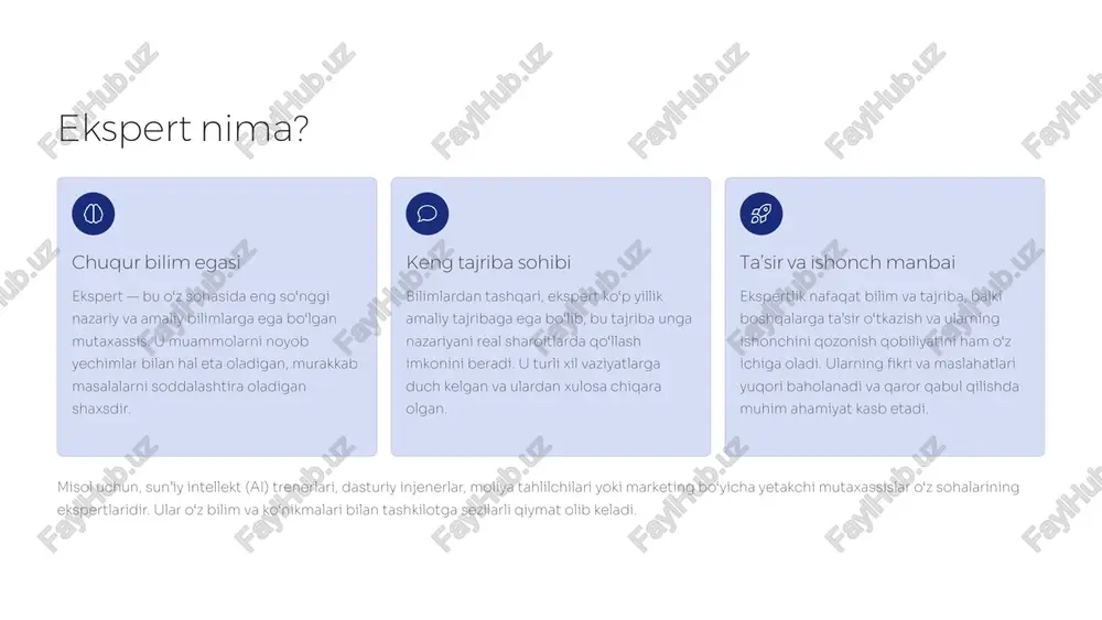 ish muhim. professional daraja soha standartlarini to‘liq egallash, loyihalarni boshqarish va boshqalarga yordam berish. bu bosqichda bilim almashish va mentorlik qobiliyatlari shakllanadi. ekspert daraja murakkab va noyob muammolarga innovatsion yechimlar topish, soha rivojiga hissa qo‘shish va yetakchilik qilish. ekspertlar yangi yo‘nalishlarni belgilaydilar. har bir bosqichda xodimlarni o‘qitish va qo‘llab-quvvatlash usullari farq qiladi. misol uchun, kiberxavfsizlik sohasidagi boshlang‘ich tahlilchi protokollarni o‘rganayotgan bo‘lsa, ekspert darajasidagi tahlilchi global tahdidlarni baholaydi va strategik mudofaa tizimlarini ishlab chiqadi. zamonaviy o‘qitish yondashuvlari bugungi kunda ekspertlarni tayyorlashda an’anaviy darsliklarga asoslangan ta’limdan ko‘ra, interaktiv va amaliyotga yo‘naltirilgan usullarga ustunlik berilmoqda. ishdagi vazifalarga yaqin mashqlar nazariy bilimlarni real ish vaziyatlari kontekstida qo‘llash orqali o‘rganish samaradorligini oshiradi. simulyatsiyalar, keys-stadi tahlillari va loyiha asosidagi o‘rganish bunga misol bo‘la oladi. ma’lumotlarni ish jarayonida qo‘llash o‘rganilgan bilimlarni darhol amaliyotga tatbiq etish, xodimlarning ko‘nikmalarini mustahkamlaydi va ularga yangi vaziyatlarga tez moslashishga yordam beradi. ekspertlar va yangi boshlovchilar uchun o‘qitish metodlari turlicha bo‘lishi kerak. ekspertlar …