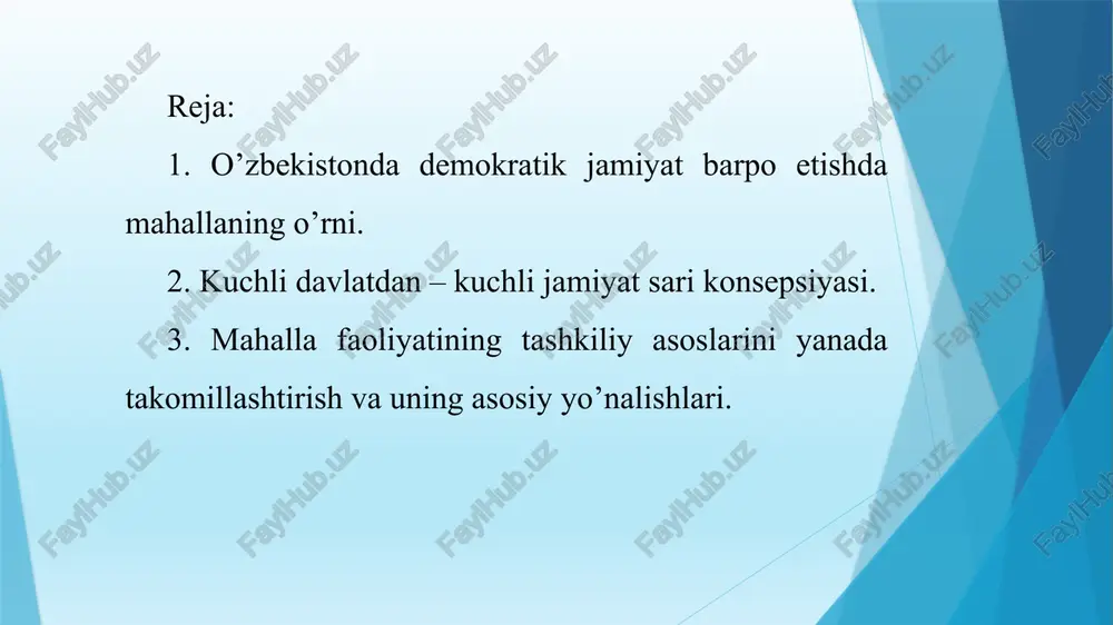 yyorgarlik ko‘rish va uni o‘tkazish tartib qoidalari hamda nomzodlarga qo‘yiladigan talablar ko‘rsatib o‘tildi. konsepsiya ijrosi yuzasidan 2013-yil 22-aprelda “fuqarolarning o‘zini o‘zi boshqarish organlari to‘g‘risida”gi hamda “fuqarolar yig‘ini raisi (oqsoqoli) va uning maslahatchilari saylovi to‘g‘risida”2gi qonunlar yangi tahrirda qabul qilindi. yangi tahrirdagi “fuqarolarning o‘zini o‘zi boshqarish organlari to‘g‘risida”gi qonunda fuqarolar yig‘inlariga tegishli hududdagi tadbirkorlik faoliyati sub’ektlarining huquqlari va qonuniy manfatlariga rioya etilishi hamda kommunal xizmat ko‘rsatish korxonalari tomonidan kommunal xizmatlar ko‘rsatish sifati ustidan jamoatchilik nazoratini amalga oshirish bo‘yicha qo‘shimcha vakolatlar berish nazarda tutildi. shuningdek, yangi tahrirdagi qonunda fuqarolarning o‘zini o‘zi boshqarish organlarining aholini ijtimoiy himoyaga muhtoj qatlamlarini ijtimoiy qo‘llab-quvvatlash borasidagi vazifalari yanada chuqurlashtirilib, bandlikka ko‘maklashish va aholini ijtimoiy muhofaza qilish markazlari bilan birgalikda ijtimoiy qo‘llab-quvvatlashga muhtoj kam ta’minlangan oilalar, yolg‘iz keksalar, pensionerlar va nogironlarni aniqlash, fuqarolarning bandligiga ko‘maklashishi haqidagi normalar kiritildi. mazkur qonunning 18-moddasida fuqarolar yig‘ini faoliyatining asosiy yo‘nalishlari bo‘yicha 8 ta komissiyalar tuzilishi belgilab qo‘yildi. bundan tashqari, tegishli hududdagi muammolarning …