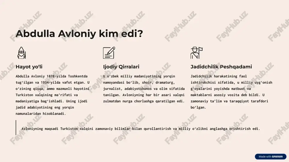 ukumat tomonidan tazyiqlar kuchayganiga qaramay, avloniy yashirin "osiyo" gazetasini tashkil etdi. ushbu jasoratli harakat uning ma’rifat uchun qanchalik fidoyi ekanligini ko‘rsatadi. afsuski, bu nashr ham uzoq yashamadi. 4 o‘zbek tilida fanlarni o‘qitish avloniy o‘zbek tilida kimyo, geografiya, fizika va astronomiya kabi dunyoviy fanlarni maktablarda o‘qitishni birinchi bo‘lib taklif qilgan. bu ta’limdagi tub islohotlarning boshlanishi edi. 3 matbuot merosi: avloniyning ko‘zgusi abdulla avloniyning faoliyati jadid matbuotining eng yorqin sahifalarini tashkil etadi. u gazetalarni faqat xabar tarqatish vositasi emas, balki xalqni uyg‘otish va yangi g‘oyalarni yoyish platformasi sifatida ko‘rdi. uning "shuhrat" gazetasidagi maqolalari o‘sha davrning ijtimoiy-siyosiy vaziyatini, ta’lim va madaniyat sohasidagi achchiq haqiqatlarni jasorat bilan yoritgan. u milliy tilni rivojlantirish va uning maqomini oshirish uchun tinmay kurashdi. avloniyning matbuotdagi g‘oyalari turkiston xalqining ma’rifiy darajasini oshirishga, eskicha turmush tarzidan voz kechib, yangi, zamonaviy hayotga qadam qo‘yishga undadi. 4 teatr san’ati orqali milliy uyg‘onish matbuot singari, teatr ham avloniy uchun xalqni tarbiyalashning muhim vositasi …