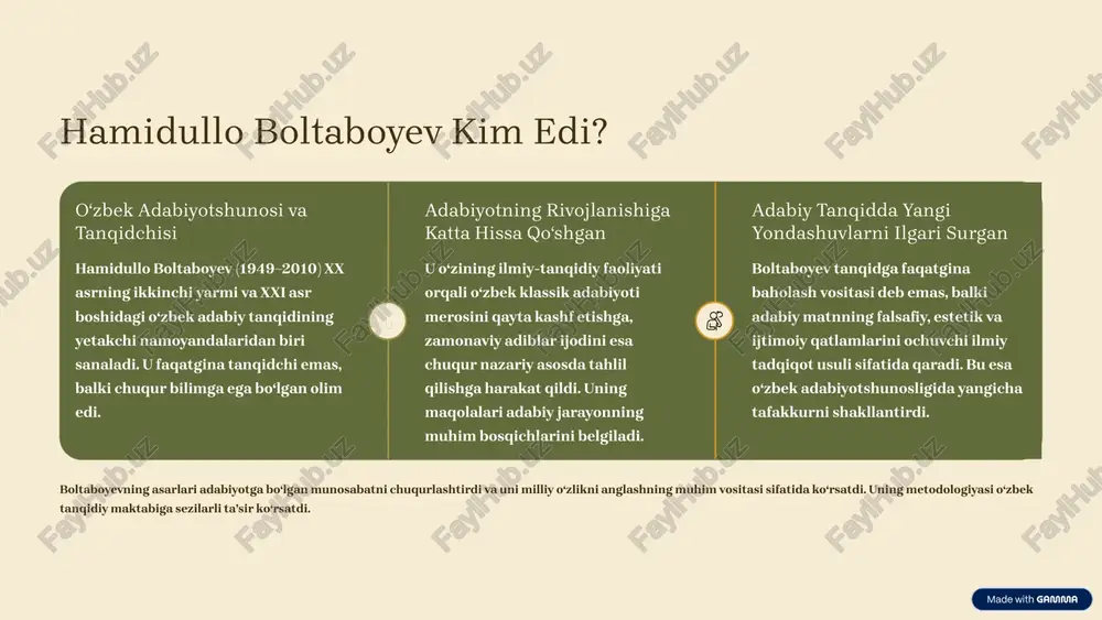 ilish u muallifning ijodiy niyatini, yashash muhitini, tarixiy-madaniy kontekstni asardan ajratmagan holda tahlil qilishni afzal ko'rdi. asarning yaratilish sharoitlari va muallifning dunyoqarashi uning estetik qiymatini belgilovchi muhim omillar edi. matnning ichki tuzilishi va badiiy xususiyatlarini chuqur o‘rganish boltaboyev yuzaki baholashdan qochib, har bir asarning badiiy yaxlitligiga e'tibor qaratdi. syujet, kompozitsiya, til va uslubning o'ziga xosligi, obrazlar tizimi kabi elementlarni ilmiy-nazariy jihatdan chuqur tadqiq etish uning tanqidiy yondashuvining ajralmas qismi bo'lgan. 3 boltaboyev va klassik adabiyot nazariyasi: an'ana va innovatsiya aristotel va rus formalizmi ta’siri boltaboyev adabiy tanqidda g‘arb va sharq nazariy maktablarining yutuqlarini sintez qilishga intildi. xususan, aristotelning "poetika"sida ilgari surilgan janrlar va kompozitsiya nazariyasiga, shuningdek, xx asr boshidagi rus formalistlarining matnni struktura sifatida o‘rganish usullariga qiziqish bildirdi. u bu nazariyalarni o‘zbek adabiyoti kontekstiga mohirona tatbiq etdi. adabiy asarni tahlil qilishda uni "o‘z-o‘zidan baholash" tamoyili asarning estetik va badiiy qiymatini boshqa omillardan ustun qo‘yishni anglatadi. strukturaviy tahlil matnning ichki mantiqi, …