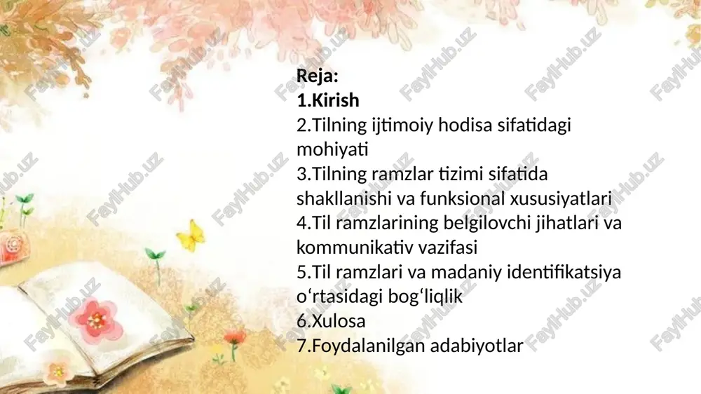 i ramzlar tizimi sifatida o‘rganish nafaqat lingvistika, balki psixolinguistika, semiotika, stilistika va madaniyatshunoslik kabi fanlar bilan chambarchas bog‘liq. shu sababli oliy ta’lim tizimida bu mavzuni chuqur o‘rganish talabalarga tilning ichki mohiyatini, ramzlar funksiyalarini va madaniy ahamiyatini to‘liq anglash imkonini beradi. xulosa qilib aytganda, tilning ramzlar tizimi sifatida tahlil qilinishi zamonaviy tilshunoslikda muhim ilmiy yo‘nalish bo‘lib, u tilning kommunikativ, madaniy va kognitiv funksiyalarini chuqur o‘rganishga xizmat qiladi. shu bois ushbu mavzu doirasida olib boriladigan ilmiy izlanishlar tilning ijtimoiy va madaniy rolini yanada aniqroq tushunish, nutq madaniyatini rivojlantirish va tilni mukammal egallashda muhim ahamiyatga ega. 2. tilning ijtimoiy hodisa sifatidagi mohiyati til insoniyat jamiyatining eng muhim ijtimoiy hodisalaridan biri sifatida shakllangan bo‘lib, u nafaqat muloqot vositasi, balki jamiyat hayotidagi turli jarayonlarni tartibga soluvchi asosiy mexanizmlardan biridir. til orqali insonlar o‘z fikrini ifodalaydi, bilim va tajribani almashadi, hissiyot va qarashlarini yetkazadi. shu nuqtai nazardan til faqat individual nutq vositasi emas, balki ijtimoiy muhit …