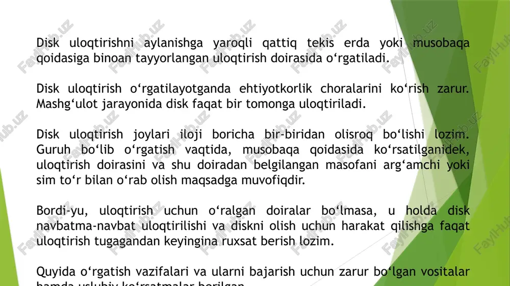 rab oyoqlar elka kengligida turadi. disk chap qo‘l bilan oldida ushlagan holda o‘ng qo‘l yuqorida. disk bilan o‘ng tomonga tebranib, keyinchalik oldinga uloqtirish. 6. d.h. – yuqoridagidek. tebranish kengligi, belning burilishi va bir vaqtning o‘zida oyoqni egish hisobiga oshirish. 7. uloqtirish yo‘nalishiga qarab turgan holatdan diskni uloqtirish. chap oyoq oldinda, o‘ng – orqada. 8. disk bilan har xil tebranishdagi figuralarni (sakkizlik va h.k.) bajarish. 9. 5-6-7 mashqlarni har xil predmetlar bilan: yog‘och, tosh, supurgi, shtanga bo‘lagi va b.q. bilan bajarish. 10. tezkorlikni rivojlantiruvchi mashqlar berish. 11. kuchni rivojlantiruvchi mashqlar berish. uslubiy ko‘rsatmalar. diskni ushlashda barmoqlar holatiga e’tibor berish. diskni chiqarishda ko‘rsatkich barmoqqa va diskning soat millari bo‘yicha aylanishiga e’tibor berish. disk uloqtirish tomoniga (o‘ngga) yarim doirada turib uloqtirish, oyoqlarni elka kengligidan kengroq, qaddini tiklash, tovonlarni bir oz yon tomonga ochishga e’tibor qaratish. 3-vazifa. final kuchlanishi fazasiga (qaytishdan keyingi, tugallovchi harakatga) o‘rgatish. vositalari: 1. uloqtirish yo‘nalishiga chap tomon bilan turgan holatda …