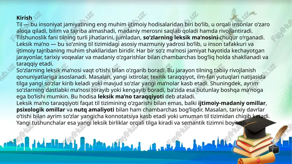 adi. har bir so‘z biror predmet, hodisa, belgi yoki tushunchani nomlaydi va shu nom orqali ijtimoiy tajribani ifodalaydi. leksik ma’no tilning mazmuniy asosini tashkil etadi va u orqali inson o‘z fikrini ifoda etadi, tushunchalarni uzatadi hamda ijtimoiy aloqa o‘rnatadi. so‘zlarning leksik ma’nosi bir kunda shakllanmaydi — u uzoq tarixiy jarayonlar davomida jamiyat taraqqiyoti, ijtimoiy hayot va tafakkur o‘zgarishlari ta’sirida vujudga keladi. leksik ma’noning shakllanishida jamiyat taraqqiyoti hal qiluvchi omillardan biri hisoblanadi. insoniyat taraqqiyoti davomida yangi tushunchalar, ixtirolar va hodisalar paydo bo‘lishi bilan ularni nomlash zarurati tug‘iladi. masalan, texnika rivoji natijasida “kompyuter”, “internet”, “smartfon” kabi so‘zlar vujudga keldi. aksincha, ayrim so‘zlar esa jamiyat hayotidan chiqib ketgan hodisalar bilan birga eskiradi. bu jarayon leksik tizimning doimiy yangilanib borishini ta’minlaydi. leksik ma’noning shakllanishida ijtimoiy-madaniy omillar ham katta rol o‘ynaydi. har bir xalqning turmush tarzi, urf-odatlari, diniy e’tiqodi, madaniy merosi va an’analari tilga chuqur ta’sir ko‘rsatadi. masalan, o‘zbek tilida “osh”, “do‘ppi”, “choy” kabi so‘zlar …