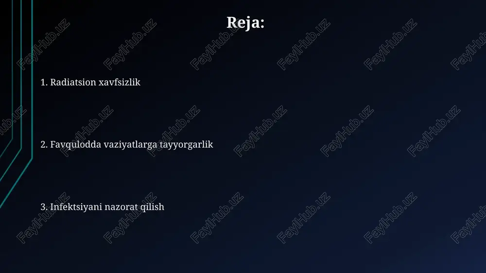 ektr uskunalarini alohida himoya kontaktlari va ajratilgan zanjirlarga ulash zarur. kimyoviy xavfsizlik dezinfektsiyalash vositalari, masalan, glutaraldegid (0,5%) va natriy gipoxlorit (5%) dental instrumentlarni sterilizatsiya qilishda foydalaniladi, lekin ularni ishlatishda himoya ko'zoynak taqish zarur. xodimlarni simob (hg) zaharlanishidan himoya qilish uchun simobni oqib ketishi uchun zudlik bilan tozalash vositalari va muntazam tekshiruvlar, taxminan har 6 oyda o'tkazilishi kerak. sterilizatsiya va dezinfeksiya dezinfeksiya darajalari yuqori, o'rta va past bo'lib, ular bakteritsid, virutsid va fungitsid faolligiga ko'ra belgilanadi, bu esa keng qamrovli mikroblarga qarshi nazoratni ta'minlaydi. yuza dezinfeksiyasi tibbiyot xodimlarini himoya qilish uchun 1:10 nisbatda suyultirilgan natriy gipoxlorit (oqlik) eritmasidan foydalanishni talab qiladi, bu patogenlarning tarqalishini kamaytiradi. tish tibbiyotida atrof-muhitni tozalash avtoklavlash - tish asboblarini sterilizatsiya qilishning muhim usuli, yuqori bosimli bug' yordamida 121°c da kamida 15 daqiqa davomida mikroorganizmlarni yo'q qiladi. tish tibbiyotida yuzalarni dezinfeksiya qilish muhim, masalan, 1:10 natriy gipoxlorit eritmasi bilan ishlov berish infeksiyaning tarqalishini oldini oladi. shaxsiy himoya vositalari …