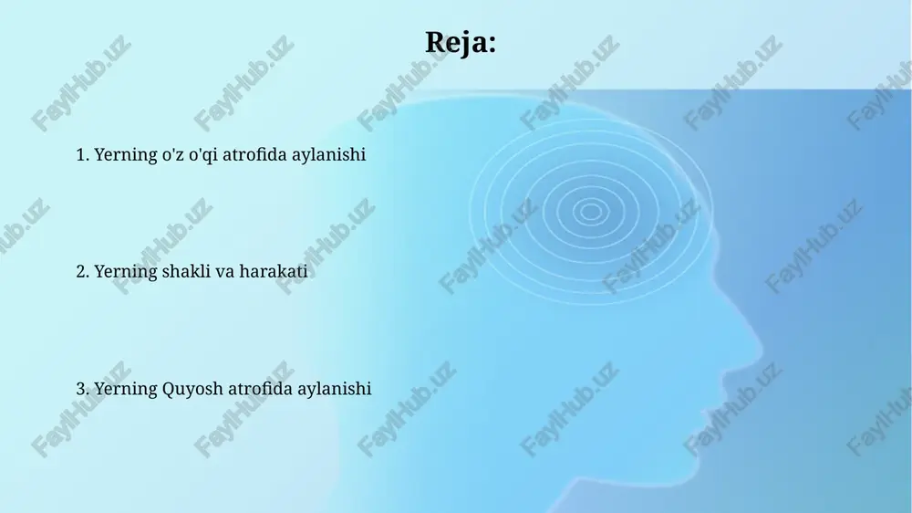 kelgan. yer quyosh atrofida elliptik orbitada aylanadi, bu aylanish taxminan 365,25 kun davom etadi. ushbu davr yil deb ataladi va yilning uzunligi tufayli har to'rt yilda bir marta kabisa yili bo'ladi. yerning quyosh atrofida aylanishi yer quyosh atrofida o'rtacha 107,000 km/soat tezlikda aylanadi, bu sayyoramizning quyoshdan uzoqligi va tortishish kuchining ta'sirida o'zgarib turadi. yerning quyosh atrofida elliptik orbitada harakatlanishi taxminan 365.25 kun davom etadi, bu esa har to'rt yilda bir marta qo'shimcha kunni (kabisa yilini) kiritishga olib keladi. fasllarning sabablari yerning quyosh atrofida elliptik orbitada harakatlanishi natijasida, quyoshning masofasi oʻzgaradi va yarimsharlarda haroratning oʻzgarishiga olib keladi. quyosh nurlari bir yarimsharga toʻgʻri tushganda, u yerda yoz boʻladi, aksincha, boshqa yarimsharda qish boʻladi, bu fasllarning asosiy sababidir. e'tiboringiz uchun rahmat @taqdimot_robot image3.jpg image4.jpg image5.jpg image6.jpg image7.jpg image8.jpg image9.jpg image1.png