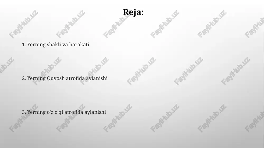da, perihelionda, eng yuqori, taxminan 30.3 km/s va iyulda, afelionda, eng past, taxminan 29.3 km/s bo'ladi. yerning quyosh atrofida aylanish o'qi 23.5 daraja og'ishgan, bu esa yil davomida turli yarim sharlarda fasllarning o'zgarishiga sabab bo'ladi. e'tiboringiz uchun rahmat @taqdimot_robot image2.png image5.jpg image6.jpg image7.jpg image8.jpg image9.jpg image3.png