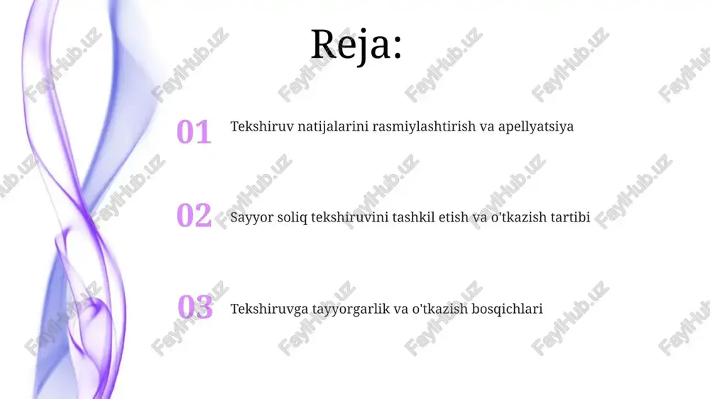 shqa elektron ma'lumotlarini, masalan, 3 yil ichidagi barcha elektron xujjatlarni o'rganishi mumkin. tekshiruvga tayyorgarlik bosqichi soliq to'lovchining faoliyat turi, soliq hisobotlari va boshqa ma'lumotlar tahlilini o'z ichiga oladi, 10 kundan kam bo'lmagan vaqtni qamrab oladi. tekshiruv natijalari ustidan shikoyat qilish apellyatsiya shikoyati qanoatlantirilmasa, soliq to'lovchi sudga da'vo arizasi bilan murojaat qilishga haqli, bu esa jarayonning yakuniy bosqichi hisoblanadi. soliq to'lovchi tekshiruv natijalaridan norozi bo'lsa, u 10 kun ichida apellyatsiya shikoyati berishi mumkin, bu shikoyatni to'xtatib turadi. sayyor soliq tekshiruvini tashkil etish va o'tkazish tartibi soliq organlari, sayyor tekshiruvni boshlashdan oldin, soliq to'lovchiga tekshiruv o'tkazish to'g'risida xabarnoma yuboradi. xabarnomada tekshiruvning maqsadi va davri aniq ko'rsatilishi shart. tekshiruv natijalari bo'yicha dalolatnoma tuziladi, unda aniqlangan qonunbuzilish holatlari (agar mavjud bo'lsa) va ularga nisbatan qo'llaniladigan sanksiyalar, shu jumladan, jarimalar 15 kun ichida aks ettiriladi. e'tiboringiz uchun rahmat @taqdimot_robot image5.jpg image6.jpg image7.jpg image8.jpg image9.jpg image10.jpg image11.jpg image1.jpeg image2.jpeg image3.jpeg