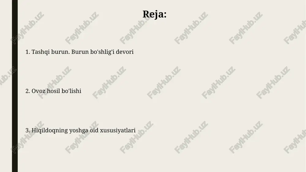 mning traxeya bilan mustahkam bog'lanishini ta'minlaydi, bu esa nafas olish uchun juda muhim. halqumning asosiy bo'g'imi - *krikotiroid* bo'g'im bo'lib, u *krikoid* xaftaga tikanini *tiroid* xaftaga pastki shoxi bilan bog'laydi va bu tovush boylamlarining tarangligini o'zgartirishga imkon beradi. halqum mushaklari: turlari va funktsiyalari hioglossus mushagi tilni pastga tortadi va 2 ta til suyagiga ta'sir etadi, bu esa yutish va nutqning aniqligini ta'minlashda muhim rol o'ynaydi. stilofaringeus mushagi 3 ta faringeal mushaklardan biri bo'lib, xalqumni ko'taradi, bu esa og'izdan qizilo'ngachga oziq-ovqat o'tishini 4 sekund ichida osonlashtiradi. burun bo'shlig'ining qon ta'minoti burun bo'shlig'i asosan ichki va tashqi uyqu arteriyalarining tarmoqlari orqali qon bilan ta'minlanadi; masalan, yuqori lab arteriyasi va etmoid arteriyalar muhim rol o'ynaydi. sfenopalatin arteriya, maksillar arteriyaning terminal shoxi bo'lib, burun bo'shlig'ining lateral devoriga va burun septumining katta qismiga asosiy qon yetkazib berish vazifasini bajaradi. burun yo'llari: anatomik joylashuvi va vazifalari burun yo'llari piramida shakliga ega bo'lib, tashqi burun skeleti suyak …