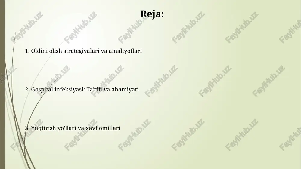 ir bemordan ikkinchisiga o'tganda infeksiyani yuqtirish xavfi ortadi. bu 40% hollarda kuzatiladi. havoda tarqaladigan infeksiyalar, masalan, mycobacterium tuberculosis 5 mikrondan kichik bo'lgan tomchilar orqali tarqalishi mumkin, shuning uchun havo almashinuvini nazorat qilish muhim. izolyatsiya choralari izolyatsiya choralari bemorning infektsion kasalliklarini yuqtirish xavfini kamaytirish uchun qo'llaniladi, masalan, mrsa bilan kasallangan bemorni alohida xonaga joylashtirish. havoning izolyatsiyasi havo orqali tarqaladigan kasalliklar (masalan, tuberkulyoz, suvchechak) bo'lgan bemorlar uchun mo'ljallangan, ularga manfiy bosimli xonalar kerak bo'ladi. hai oldini olish strategiyalari: qo'llarni gigiena qilish qo'llarni gigiena qilishda 'ishqalanish texnikasi' muhim: kamida 20-30 sekund davomida kaftlar, barmoqlar orasidagi joylar va tirnoq ostilarini tozalash, barcha yuzalar qamrab olinishini ta'minlash zarur. jahon sog'liqni saqlash tashkiloti (jsst) qo'llarni tozalashning 5 ta asosiy holatini belgilaydi: bemorga tegishdan oldin, aseptik muolajalardan oldin, suyuqlik ta'siridan so'ng, bemorga tegishdan so'ng va atrofga tegishdan so'ng. nazorat qilish va hisobot berish hisobot berish protokollari xodimlarning gigiena qoidalariga rioya qilishini ta'minlaydi. qo'llarni yuvish darajasi 70% dan …
