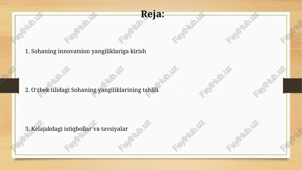 minlash uchun qo'yilgan talablardan biridir. moliyaviy barqarorlikning muhim omili - bu davlatning 12 oylik inflyatsiya darajasini 5 foizdan past ushlab turishga qaratilgan pul-kredit siyosatidir. sifat nazorati va tahririyat siyosati intiholga yo'l qo'yilmaydi; barcha materiallar original bo'lishi kerak. agar intihol aniqlansa, 24 soat ichida material o'chiriladi va muallifga nisbatan choralar ko'riladi. sifat nazorati uch bosqichdan iborat: avtomatlashtirilgan tekshiruv, muharrir tomonidan ko'rib chiqish va ekspert baholash. ushbu jarayon 99% aniqlikni ta'minlashga qaratilgan. sohaningning innovatsion yangiliklari: umumiy ko'rinish 2024-yilda sohaning sun'iy intellektga asoslangan yangiliklar agregatori 30 dan ortiq o'zbekiston oavlaridan ma'lumotlarni jamlaydi va foydalanuvchilarga shaxsiylashtirilgan yangiliklar lentasini taqdim etadi. sohaning yangi avlod tarjimonlik vositalari 95% aniqlik bilan ishlaydi, neyron tarmoqlari yordamida mahalliy shevalarni tushunish va ularni adabiy tilga moslashtirish imkonini beradi. kelajakdagi rejalar va istiqbollar 2024-2025 yillarda sohaning innovatsion yangiliklari asosida 5 ta yangi oʻquv markazi ochish, 100 dan ortiq mutaxassislar tayyorlash va 15 ta yangi dasturiy mahsulotni ishlab chiqish rejalashtirilgan. sohani rivojlantirish …