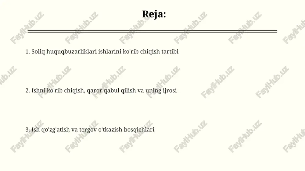 jarayonida soliq to'lovchi o'z pozitsiyasini asoslovchi hujjatlarni taqdim etishi shart, aks holda shikoyat rad etilishi ehtimoli bor. soliq organining qarori ustidan shikoyat yuqori soliq organiga 30 kun ichida berilishi mumkin, ushbu muddat o'tkazib yuborilsa, tiklash imkoniyati mavjud. agar yuqori soliq organining qarori qoniqmasa, unda sudga shikoyat berish muddati 3 oydan oshmasligi kerak, bu muhim huquqiy muddat hisoblanadi. ish ishtirokchilarining huquq va majburiyatlari soliq huquqbuzarliklari ishtirokchilari o'z huquqlarini himoya qilish uchun advokat yollash huquqiga ega, bu ularga 48-moddaga muvofiq protsessual kafolat beradi. soliq to'lovchilar 201-modda bo'yicha soliq tekshiruvlari natijalari bilan tanishish va 15 kun ichida e'tiroz bildirish majburiyatiga ega, aks holda qaror qabul qilinadi. davlat soliq xizmati organlari 174-moddaga ko'ra, soliq sirini saqlash majburiyatini oladi, bu ularning 3 oydan ortiq davom etadigan ishi davomida olingan ma'lumotlarga taalluqli. soliq huquqbuzarliklari to‘g‘risidagi ishlarni ko‘rib chiqish tartibi ma'muriy javobgarlik to'g'risidagi kodeksning 282-moddasiga muvofiq, soliq huquqbuzarliklari to'g'risidagi ishlar huquqbuzarlik aniqlangan kundan boshlab ikki oydan kechiktirmay …