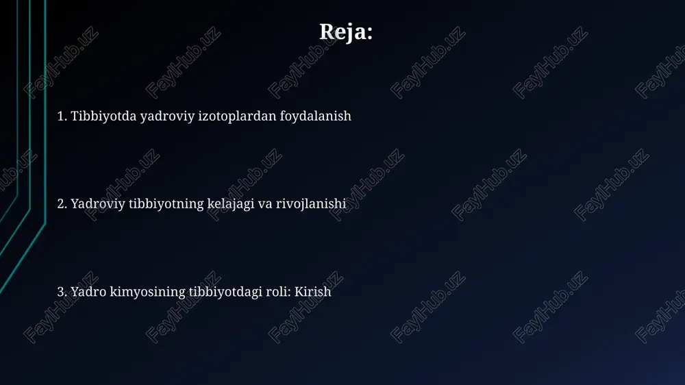 a nurlaridan foydalanadi va o'simtaning o'sishini sekinlashtiradi. nurlanishning aniq dozasi saraton turiga va bosqichiga qarab belgilanadi. radioterapiya tashqi nurlanish (linyak tezlatgich) yoki ichki nurlanish (radioaktiv implantlar) orqali amalga oshirilishi mumkin. brachiterapiya brakiterapiya – bu saraton hujayralarini yo'q qilish uchun radioaktiv manbalarni to'g'ridan-to'g'ri o'simta ichiga yoki uning yoniga joylashtirishni o'z ichiga olgan maqsadli radiatsiya terapiyasi. u yuqori dozalarni yetkazib beradi. yuqori dozali brakiterapiya (hdr) daqiqalarda yuqori radiatsiya dozasini beradi, past dozali brakiterapiya (ldr) esa bir necha kun davomida pastroq dozani uzluksiz ravishda beradi, 125i kabi izotoplardan foydalanadi. yadro kimyosining tibbiyotdagi roli: kirish pet skanerlashda qo'llaniladigan pozitron emissiya tomografiyasi (pet) yadro kimyosining tibbiy ilovasi bo'lib, qisqa umr ko'ruvchi 18f izotopi kabi pozitron chiqaruvchilardan foydalanadi. yadro kimyosi tibbiyotda radiofarmatsevtika vositalarini yaratishda muhim rol o'ynaydi, ular 99mtc kabi izotoplarni o'z ichiga oladi va tashxis qo'yish uchun ishlatiladi. radiofarmatsevtika: preparatlarni yetkazib berish targetlangan radiofarmatsevtikalar monoklonal antitelalar, peptidlar yoki kichik molekulalar yordamida saraton hujayralaridagi o‘ziga xos …