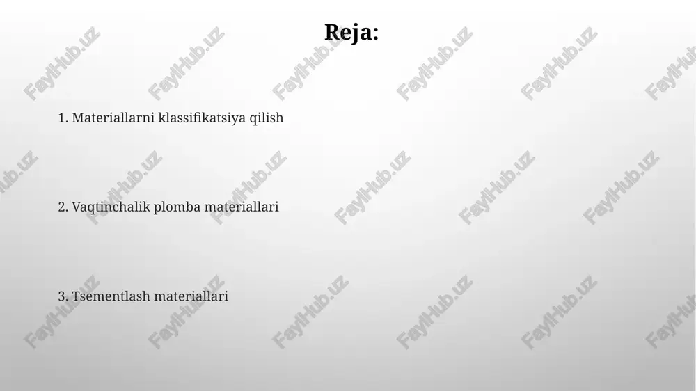 n. vaqtinchalik plomba materiallari, masalan, sink oksidli evgenol, endodontik davolash vaqtida dori vositalarini mahkamlab turish uchun 1-2 hafta foydalaniladi. vaqtinchalik plomba materiallarining afzalliklari va kamchiliklari vaqtinchalik plomba materiallarining afzalliklaridan biri 1-2 hafta davomida tishni izolyatsiya qilish qobiliyatidir, bu esa davolanishning birinchi bosqichlarida sezilarli yordam beradi. kamchiliklaridan biri shundaki, ular doimiy plombalarga qaraganda kamroq mustahkamdir, bu esa 3-4 hafta ichida yemirilish yoki tushib ketish xavfini oshiradi. qotishma materiallarining turlari estetik talablarga javob beradigan qotishmalar tarkibida palladiy (pd) va kumush (ag) bo'lishi mumkin. ularning miqdori rangga ta'sir qiladi va 5-15% orasida o'zgarishi mumkin, shuningdek, korroziyaga chidamliligini oshiradi. tish protezlarini mahkamlash uchun ishlatiladigan qotishma materiallar, masalan, oltin qotishmalari (80-90% oltin) va asosiy metall qotishmalari (nixel-xrom yoki kobalt-xrom), kuchliligi bilan ajralib turadi. qotishma materiallari: ta'rif va maqsadlar ularning asosiy maqsadi tish to'qimalarini mustahkamlash, kariesdan himoya qilish va tish protezlarini mustahkam o'rnatish uchun yuqori chidamlilikni ta'minlashdir. qotishma materiallari stomatologiyada ikki yoki undan ortiq metallarning birlashmasi …