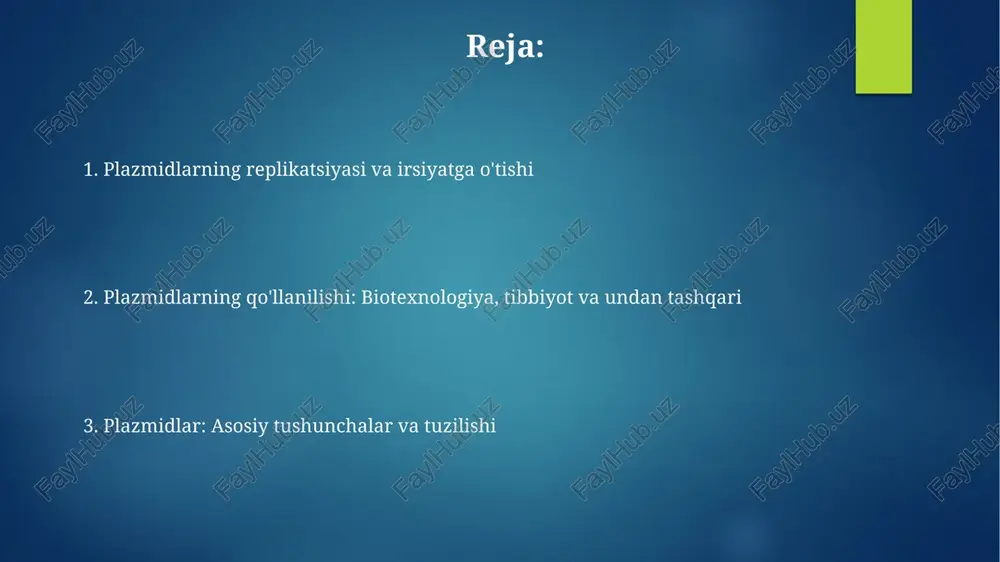 n, tetratsiklin va streptomitsinga chidamlilikni oshiradi. konjugatsiya jarayonida plazmidlar bakteriyalar o'rtasida genetik materialni, jumladan beta-laktamazalar kabi antibiotiklarni yo'q qiluvchi fermentlarni kodlovchi 10 dan ortiq genlarni ko'chiradi. vaktsinalarni ishlab chiqarishda plazmidlar plazmidlar virusga o'xshash zarrachalar (vlp) vaktsinalarida qo'llaniladi, bunda plazmid vlp tuzilish proteinlarini kodlaydi, ular yig'ilib, xavfsiz va samarali immunitetni ta'minlaydi. plazmidlar rekombinant vaktsinalarni ishlab chiqarishda muhim rol o'ynaydi, chunki ular antijen genini tashuvchi vektor sifatida xizmat qiladi, uning ekspressiyasi immunitetni qo'zg'atadi. replikatsiya mexanizmlari rolling circle replikatsiyasi ba'zi plazmidalarda sodir bo'ladi, bunda dnkning bir ipi kesiladi va dnk polimeraza 5' dan 3' gacha bo'lgan yo'nalishda yangi ipni sintezlaydi. plazmid replikatsiyasi xost xujayrasi dnk replikatsiyasidan mustaqil ravishda sodir bo'ladi va replikatsiya boshlanish nuqtasini (ori) va replikatsiya uchun zarur bo'lgan genlarni o'z ichiga oladi. plazmidlarning turlari shuttle plasmidlar, masalan, pyes2, ikki xil organizmda (bakteriyalar va xamirturushlar) ko'payishi mumkin, bu esa genlarni turli xil hujayralarda o'rganishga imkon beradi. bacterial plasmidlar, masalan, pbr322, bakterial hujayralarda …