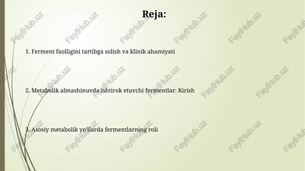 sosiy tushunchalar kofaktorlar, masalan, metall ionlari (mg2+, zn2+), ba'zi fermentlar uchun aktivlikni ta'minlash uchun zarur. ular fermentning uch oʻlchovli tuzilishini saqlab turadi. fermentlar biologik katalizatorlar boʻlib, kimyoviy reaksiyalarni tezlashtiradi, lekin oʻzlari reaksiyada sarflanmaydi. masalan, amilaza kraxmalni 10^6 marta tezroq gidrolizlaydi. beta-oksidlanish fermentlari beta-oksidlanishda ishtirok etuvchi asl-coa degidrogenaza 4 turga ega: scad, mcad, lcad va vlcad, ular mos ravishda qisqa, o'rta, uzun va juda uzun zanjirli yog' kislotalari bilan ta'sirlashadi. 3-gidroksil-asil-coa degidrogenaza (had) beta-oksidlanishning uchinchi bosqichida ishtirok etadi, 3-gidroksiatsil-coa ni 3-ketoatsil-coa ga aylantiradi, nadh hosil qiladi va suv molekulasini ajratadi. karbohidrat metabolizmidagi fermentlar fosfofruktokinaza-1 (pfk-1) fruktoza-6-fosfatni fruktoza-1,6-bisfosfatga aylantiradi. bu glikolizdagi asosiy tartibga soluvchi ferment bo'lib, atp va sitrat tomonidan ingibitsiya qilinadi. amilaza kraxmalni maltaza va dekstringa parchalaydi; bu 1,4-glikozid bog'larini gidrolizlovchi muhim ferment bo'lib, og'iz bo'shlig'ida va ingichka ichakda faol ishlaydi. lipid metabolizmidagi fermentlar lipazalar triglitseridlarni glitserin va 3 ta yog' kislotasiga gidrolizlaydi; masalan, oshqozon lipazasi, pankreatik lipaza va lipoprotein lipaza …