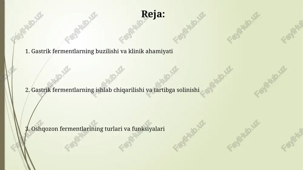 dir, aks holda denaturatsiya kuzatilishi mumkin. oshqozon bezlari tomonidan ishlab chiqarilgan gastrik lipaza fermenti yog'larni qisman parchalaydi, bu ayniqsa chaqaloqlarda muhim, chunki ularda yog'larni hazm qilishda yordam beradi. oshqozon tuzilishi va funktsiyasi oshqozonning peristaltik harakatlari ovqatni aralashtiradi va uni ximga aylantiradi, so'ngra ingichka ichakka o'tadi, bu hazm qilishning muhim bosqichidir. oshqozon hajmi ovqat qabul qilgandan keyin 1 litrdan 4 litrgacha kengayishi mumkin, bu esa ovqatni saqlash va hazm qilish uchun muhimdir. oshqozon fermentlarining ovqat hazm qilishdagi roli oshqozon fermenti pepsin oqsillarni parchalaydi, peptid bog'larini gidrolizlaydi va ularni kichikroq peptidlar va aminokislotalarga ajratadi, bu esa oqsil hazm qilishning birinchi bosqichidir. oshqozon lipazasi yog'larni parchalaydi, ammo uning roli unchalik katta emas; u asosan triglitseridlarni yog' kislotalari va diglitseridlarga gidrolizlaydi, ammo pankreatik lipaza muhimroqdir. xulosa va kelajakdagi tadqiqotlar gastrik lipaza faolligini oshirish uchun muqobil strategiyalarni o'rganish, ayniqsa, kistik fibrozli 5-15% bemorlarda o'rganilishi muhim. oshqozon fermentlari faolligi va 24-48 soatlik ph monitoringi o'rtasidagi bog'liqlikni …
