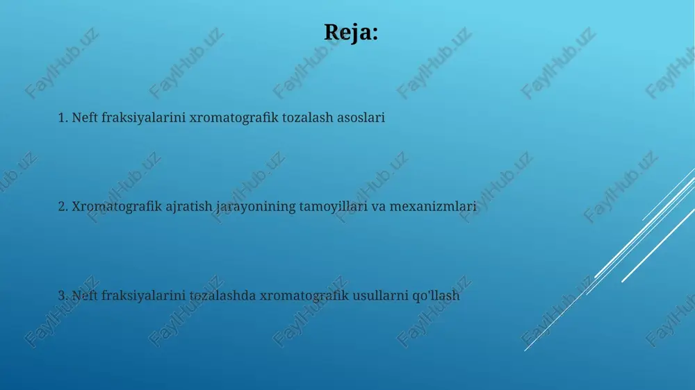 ng kengligi (yarim balandlikdagi kenglik) kolonnadagi dispersiyani ko'rsatadi; keng cho'qqilar ajralish yomonligini bildiradi, odatda 20-50 mikrometr to'ldiruvchilar bilan erishiladi. xromatogrammada cho'qqilarning balandligi va maydoni namunadagi komponent miqdorini aniqlaydi; yuqori cho'qqi, komponentning konsentratsiyasi shuncha katta bo'ladi. bu miqdoriy tahlil uchun juda muhim. xromatografik neft fraksiyalarini tozalashning asoslari xromatografik tozalashda har xil molekulyar tuzilishga ega uglevodorodlar 10-100 mkm o'lchamdagi sorbent yuzasida turlicha adsorbsiyalanadi va fraksiyalarga ajratiladi. neft fraksiyalari xromatografiyasi 0.1-10 mpa bosimda suyuqlik fazasida amalga oshiriladi, bunda harakatchan faza sifatida erituvchilar aralashmasi ishlatiladi. gaz xromatografiyasi (gc) tamoyillari gaz xromatografiyasida namunalar issiqlik yordamida bug'lantiriladi va inert gaz (masalan, geliy yoki azot) yordamida xromatografik ustunga o'tkaziladi, bu yerda ajratish sodir bo'ladi. gaz xromatografik detektorlari, masalan, fid (olovli ionlanish detektori) yoki tcd (issiqlik o'tkazuvchanlik detektori), ajratilgan komponentlarni aniqlaydi va miqdoriy tahlil uchun signal hosil qiladi. kolonna xromatografiyasi xromatografik kolonnalar turli xil o'lchamdagi bo'lishi mumkin, odatda diametri 1 sm dan bir necha metrgacha va uzunligi 10 …
