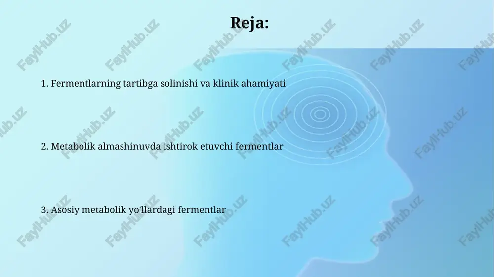 cc) yog 'kislotalari sintezining birinchi bosqichini katalizlaydi, atsetil-koa dan malonil-koa hosil qiladi, bu yog 'kislotalari zanjirini uzaytiradi. karnitin palmitoiltransferaza i (cpt i) mitoxondriya membranasi orqali uzoq zanjirli yog 'kislotalarini tashishda muhim rol o'ynaydi, bu beta-oksidlanish uchun zarurdir. oqsillar metabolizmidagi fermentlar proteazalar peptid bog'larini gidrolizlaydi, oqsillarni aminokislotalarga parchalaydi. masalan, pepsin oshqozonda oqsillarni hazm qilishda muhim rol o'ynaydi, optimal ph 2 atrofida ishlaydi. transaminazalar aminokislotalardan keto kislotalarga aminogruppalarini ko'chiradi. alt va ast kabi fermentlar jigar kasalliklarini tashxislashda 100 u/l dan yuqori bo'lsa, indikator hisoblanadi. energiya ishlab chiqarishdagi fermentlar krebs siklida ishtirok etuvchi suksinat dehidrogenaza fadni fadh2ga aylantiradi, bu esa elektron tashish zanjiriga elektronlar etkazib, 1,5 atp ishlab chiqarish imkonini beradi. glikolizdagi fosfofruktokinaza-1 (pfk-1) atpdan foydalanib, fruktoza-6-fosfatni fruktoza-1,6-bisfosfatga aylantirib, energiya sarflab, jarayonni tartibga soladi. detoksikatsiya fermentlari glutatyon s-transferazalar (gst) 2-bosqich detoksikatsiya fermentlari bo'lib, glutatyonni ksenobiotiklarga biriktirib, ularni kamroq zaharli va osongina chiqarib tashlashga yordam beradi. detoksikatsiya fermentlari, masalan, sitoxrom p450 (cyp450) oksidazalari, ksenobiotiklarning, …