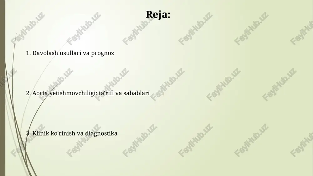 da muhim rol o'ynaydi, chap qorinchaning kattalashishi va sistolik funktsiyasining o'zgarishini aniqlashga imkon beradi. ekg va rentgen rentgen aorta ildizining kengayishini aniqlashi mumkin, aorta anevrizmasi yoki aorta devorining kaltsifikatsiyasini vizuallashtirish mumkin, bu aorta yetishmovchiligining sababi bo'lishi mumkin. ekg chap qorincha gipertrofiyasi belgilarini ko'rsatishi mumkin, masalan, r tishining v5 yoki v6 da 25 mm dan katta bo'lishi va s tishining v1 da 25 mm dan katta bo'lishi. prognoz prognoz aortaning yetishmovchiligi bilan og'rigan bemorlarda 10 yillik omon qolish darajasini aniqlashga imkon beradi, bu esa davolash strategiyasini rejalashtirishda va bemorga ma'lumot berishda muhim ahamiyatga ega. prognoz aortaning yetishmovchiligi bilan og'rigan bemorlarda kasallikning rivojlanish darajasini aniqlashda muhim rol o'ynaydi, ayniqsa, chap qorincha hajmining ortish tezligini baholash orqali. kirish kirish - yurakning aorta qopqog'i to'liq yopilmasligi natijasida aorta qonining chap qorinchaga qaytishi bilan tavsiflanadigan patologik holatdir. aorta yetishmovchiligi 10 ming kishidan 5 nafari uchraydi va uning og'irligi aorta qopqog'ining tuzilishi yoki funktsiyasiga zarar yetkazuvchi …