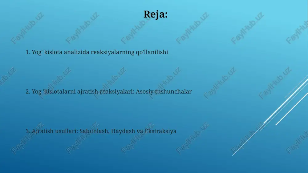 lgan 205 nm atrofidagi to'lqin uzunligida absorbansni aniqlash uchun keng qo'llaniladi, bu aniq miqdoriy tahlilni ta'minlaydi. hplc yog' kislotalarining esterifikatsiyasi (fame) orqali o'zgartirilganidan so'ng ko'p ishlatiladi, bu uchuvchanlikni oshiradi va detektor bilan aniqlanishi osonroq bo'lgan hosilalarni yaratadi. ekstraksiya usullari superkritik karbonat angidrid ekstraktsiyasi nozik yog' kislotalari uchun afzalroqdir, chunki u past haroratda (31 °c dan past) ishlaydi va oksidlanish xavfini kamaytiradi, umumiy samaradorlik 90% dan oshadi. soxlet ekstraktsiyasi yog' kislotalarini ajratishning an'anaviy usuli bo'lib, bir necha soatdan 24 soatgacha davom etadi va namunani qaynoq erituvchi bilan qayta-qayta yuvish orqali 95% gacha hosildorlikka erishadi. ion almashinuv xromatografiyasi bu usulda yog‘ kislotalarining ajratilishi ularning zaryadlari va smola bilan o‘zaro ta’sir kuchiga asoslangan bo‘lib, turli kislotalarning turli vaqtda elutsiyaga uchrashini ta’minlaydi. ion almashinuv xromatografiyasi, ayniqsa, murakkab yog‘ kislotalari aralashmalarini tahlil qilishda foydalidir, chunki u yuqori aniqlik va sezuvchanlikni ta’minlaydi, aniq o‘lchash imkonini beradi. saponifikatsiya: asosiy reaksiya saponifikatsiya - bu triglitseridlar, ya'ni yog'lar yoki …