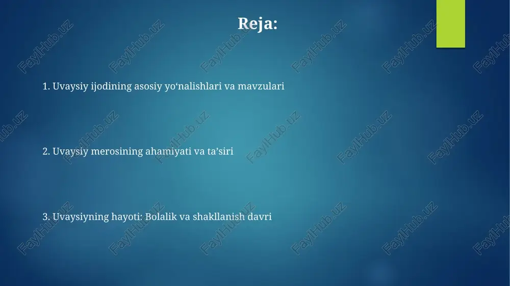 arlarida o'z aksini topgan. xulosa "xulosa"da uvaysiy o'zining shaxsiy hayoti, jumladan, oilaviy munosabatlari, zamondoshlari bilan bo'lgan aloqalari haqida ma'lumot beradi va bu asar orqali uning ichki dunyosini 80 foizga ochib bergan desak bo'ladi. "xulosa" uvaysiy ijodining yakuniy bosqichida yozilgan, unda shoiraning hayotiy tajribalari, dardlari va umidlari 70 yoshdan keyingi ruhiy kechinmalari aks etgan. uvaysiyning ta'siri uvaysiyning ta'siri uning zamondosh shoiralari – mahzuna va dilshodlarga sezilarli bo'lib, ularning ijodida uvaysiyning uslubi va mavzulariga taqlid qilish tendentsiyalari kuzatiladi. uvaysiyning 200 dan ortiq g'azallari uning devonidan o'rin olgan bo'lib, ularning mazmunida muhabbat, ma'rifat va insoniylik g'oyalari ilgari surilgan, bu adabiy ta'sirning asosiy omilidir. ijodiy merosi uning devoni o‘zbek adabiyoti uchun muhim ahamiyatga ega bo‘lib, 19-asr o‘zbek ayol shoirasi ijodining yorqin namunasidir. uvaysiyning she’riy merosi 2000 dan ortiq g’azal, muxammas, musaddas va ruboiylarini o’z ichiga oladi, ularda insoniy tuyg’ular teran ifodalangan. uvaysiyning til va uslubi uvaysiy asarlarida 7-8 bo'g'inli vaznlar ustunlik qilib, bu uning …