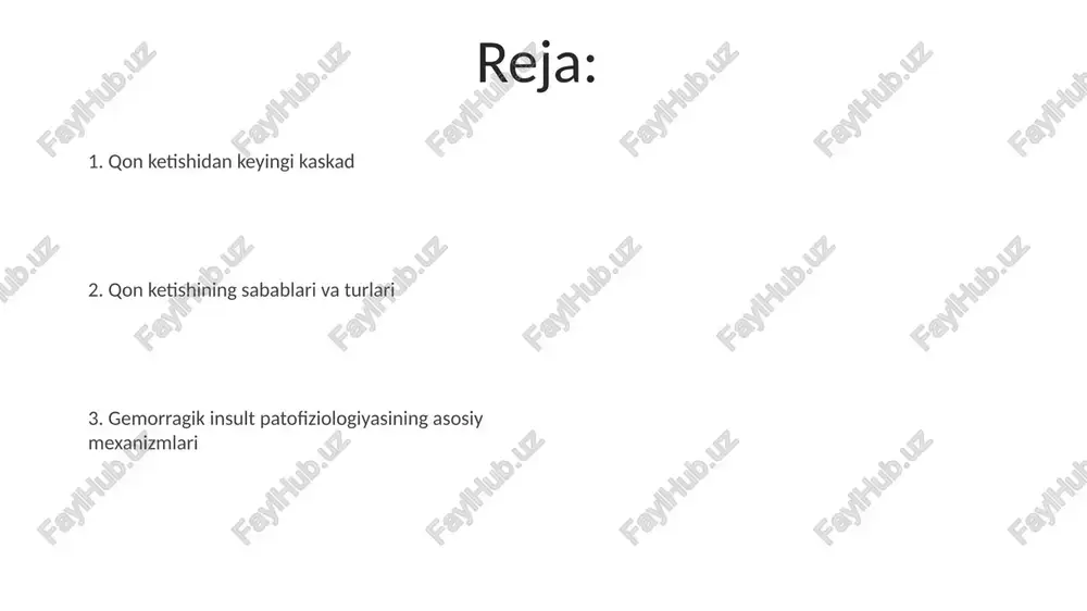 va o'sma nekrozi omili alfa (tnf-α) kabi yallig'lanish sitokinlarining ajralishiga olib keladi, bu esa neyronlarning o'limini kuchaytiradi. hemorragik insultda qonning to'g'ridan-to'g'ri ta'siri miya to'qimasiga mexanik shikast yetkazadi, shu bilan birga gemoglobin va temir kabi qon komponentlari yallig'lanish kasakadini faollashtiradi. neyron shikastlanishi erta bosqichlarida glutamatning haddan tashqari ko'pligi (eksitotoksiklik) kaltsiy ionlarining haddan tashqari oqimiga olib keladi, bu esa mitoxondrial buzilish va apoptozni keltirib chiqaradi. gemorragik insult patofiziologiyasiga kirish gemorragik insultlarda qon tomirlari yorilishi natijasida qon miya parenximasiga quyiladi, bu esa 1 dan 2 daqiqada asab hujayralarining disfunksiyasiga olib keladi. qon miya to‘qimasida to‘planib, hajmli ta’sir ko‘rsatadi, bu esa ichki bosimni oshiradi va miya to‘qimasini siqib, perfuziyani pasaytiradi, natijada ishemiya yuzaga keladi. ekstravazal qon gematoma hosil qilib, yallig‘lanish reaksiyasini qo‘zg‘atadi. bu 72 soat ichida miya shikastlanishini kuchaytiradi va ikkilamchi shikastlanish mexanizmlarini ishga tushiradi. e'tiboringiz uchun rahmat @taqdimot_robot image1.jpeg image2.jpeg