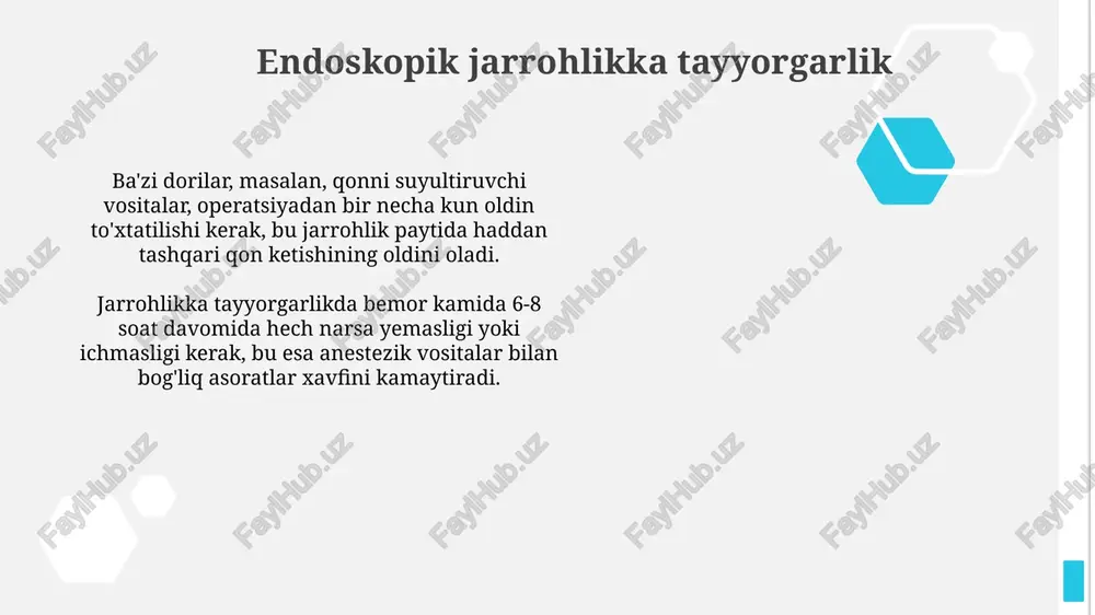 ntegratsiyalashadi, bu esa jarrohlikning aniqligini 50% ga oshiradi va minimal invazivlikni ta'minlaydi. operatsiyadan keyingi parvarish jarrohlikdan so'ng 7-10 kun ichida tiklanishning asta-sekin o'sishi tavsiya etiladi, bunda 2-3 hafta ichida kuchli harakatlardan saqlanish kerak. operatsiyadan keyingi birinchi 48-72 soat ichida bemorlar tez tiklanishni ta'minlash uchun kamida 1,5-2 litr suyuqlik ichishlari kerak. endoskopik jarrohlikdagi yangiliklar endoskopik jarrohlikda 3d vizualizatsiya usullari tobora ommalashib bormoqda, bu esa jarrohning chuqurlikni idrok etishini oshirib, aniqroq manipulyatsiyaga imkon beradi. yangi robotlashtirilgan endoskopik platformalar paydo bo'lmoqda, ular jarrohga katta aniqlik va moslashuvchanlik bilan ishlashga yordam beradi, operatsiya vaqtini qisqartiradi. otorinolaringologiyada endoskopik jarrohlik endoskopik laringoskopiya ovoz boylamlari va hiqildiqni vizualizatsiya qilish uchun ishlatiladi, bu esa poliplar, nodullar va saraton kasalliklarini aniqlashda muhim ahamiyatga ega, biopsiya olinishi mumkin. otorinolaringologiyada endoskopik jarrohlik o'rta quloq kasalliklarini davolashda qo'llaniladi, masalan, timpanoplastika va ossikuloplastika, bu eshitish qobiliyatini tiklashga yordam beradi. asoratlar va ularni boshqarish endoskopik jarrohlikdan keyin qon ketishi ehtimolini baholash uchun gemoglobin darajasini, …