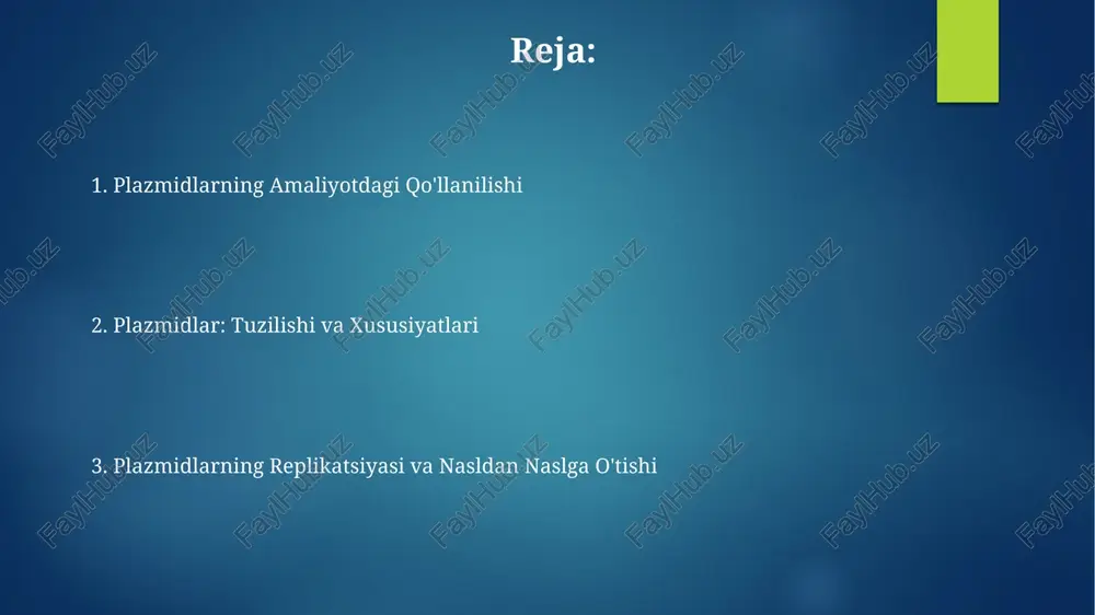 ari va ularning ahamiyati antibiotiklarga chidamlilik genlari bakteriyalarga antibiotiklarning ta'siriga qarshi turishga yordam beradi, masalan, beta-laktamazalar penitsillin kabi antibiotiklarni buzadi. ko'pgina plazmidlarda antibiotiklarga chidamlilik genlaridan tashqari boshqa genlar ham bo'ladi, shu jumladan og'ir metallarga chidamlilik va patogenlik omillari. rekombinant dnk texnologiyasi ushbu texnologiya genlarni manipulyatsiya qilish imkonini beradi, shu bilan birga, 1000 dan ortiq genlarni aniqlash, izolyatsiya qilish va ko'paytirish mumkin bo'lgan klonlash jarayonini qo'llab-quvvatlaydi. rekombinant dnk texnologiyasi 1970-yillarda paydo bo'lgan bo'lib, dnk molekulasini manba organizmdan olib, vektorga, masalan, plasmidga kiritishni o'z ichiga oladi. plazmidlar: kirish plazmidalar – bu bakteriyalar va arxeyalarda uchraydigan, odatda 1000 dan 200,000 gacha asosiy juftlikni o'z ichiga olgan, xromosomal dnkdan mustaqil bo'lgan kichik, dumaloq dnk molekulalaridir. plazmidalar replikatsiya qobiliyatiga ega, ya'ni ular xost hujayrasida avtonom tarzda ko'payishi mumkin, ba'zida bir hujayrada 500 tagacha plazmid nusxasi mavjud bo'ladi. biotexnologiyada plazmidlardan foydalanish plazmidlar gen muhandisligida 2000 dan ortiq asosiy vektorlar sifatida ishlatiladi, chunki ular dnkning kichik halqalari …
