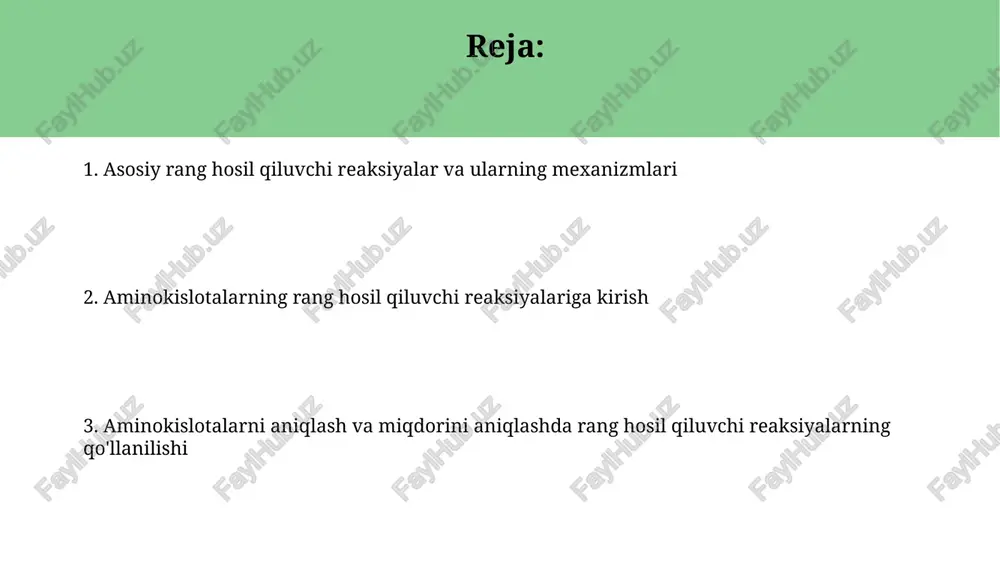ngan. eritmadagi proteinning oʻziga xos xususiyati. fol-siokalteu reaksiyasi (louri usuli) louri usuli aminokislotalar tarkibidagi peptid bog'lari mis ionlari bilan kompleks hosil qilishi, keyinchalik folin-ciocalteu reagentini qaytarishi orqali rang hosil qiladi. fol-siokalteu reaksiyasi (louri usuli) aminokislotalar va oqsillarning miqdoriy aniqlashda ishlatiladi, bunda mis (cu2+) ionlari ishtirokida ko'k rang hosil bo'lishi kuzatiladi. biuret reaksiyasi biuret reaksiyasi peptid bogʻlari boʻlgan moddalar bilan mis (ii) ionlari ishtirokida binafsha rangli kompleks hosil qilishga asoslangan, bu taxminan 540 nm da maksimal yutilishga ega. biuret reaksiyasi oqsillarni miqdoriy aniqlash uchun ishlatiladi, chunki rang intensivligi oqsil kontsentratsiyasiga proportsionaldir, bunda 1 dan 10 mg/ml gacha boʻlgan oqsillarni aniqlash mumkin. sakaguchi reaksiyasi sakaguchi reaksiyasi arginin molekulasidagi guanidin guruhini aniqlash uchun ishlatiladi va bu guruh gidroksilamin va natriy gipoxlorit ishtirokida qizil rang hosil qiladi. sakaguchi reaksiyasi analitik kimyoda peptidlar va oqsillar tarkibidagi arginin miqdorini kolorimetrik usulda aniqlash uchun qo'llaniladi, bu esa intensivlik o'lchovlariga asoslangan. kirish kirish aminokislotalarning rang hosil qiluvchi reaktsiyalari …