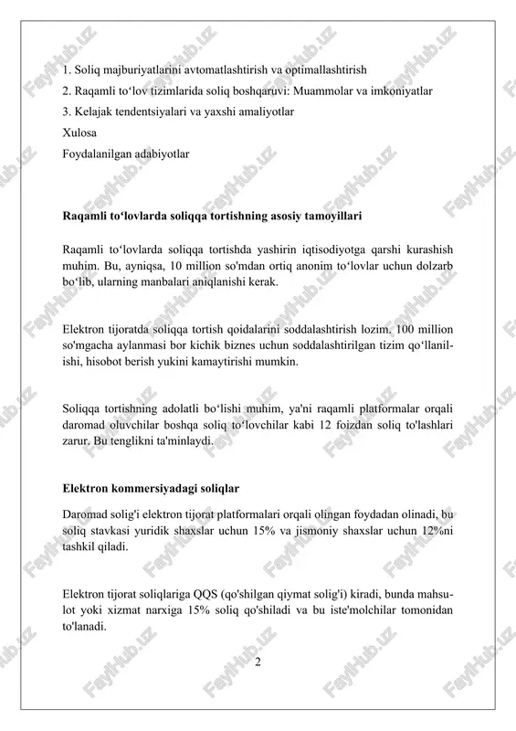 konini beradi. raqamli to'lov tizimlarida soliqni boshqarish 2024-yil uchun soliq qoidalarining murakkab o'zgarishlarini tushunish va ularga rioya qilishni talab etadi. bu soliq to'lashdan bo'yin tovlashning oldini oladi. texnologiya va soliqqa rioya qilish blokcheyn texnologiyasi tranzaktsiyalarni shaffof qiladi, soliq organlariga firibgarlikni aniqlashni osonlashtiradi va soliq tushumini 10-12% oshirishga yordam beradi. raqamli texnologiyalar soliqqa rioya qilish xarajatlarini kamaytirishi mumkin, masalan, elektron hujjat aylanishi orqali 15-20% gacha tejash imkoniyati yaratiladi. sun'iy intellekt soliq auditi jarayonini avtomatlashtiradi, xatolarni kamaytiradi va auditorlarning ish vaqtini 25-30% gacha tejaydi, samaradorlikni oshiradi. raqamli toʻlov tizimlari: umumiy koʻrinish raqamli toʻlov tizimlari 2023-yilda global miqyosda milliardlab tranzaksiyalarni qamrab oladi, bu esa naqd pulsiz iqtisodiyotga o'tishning muhim omilidir. elektron hamyonlar, masalan, paypal, mobil to'lovlar va kontaktli to'lovlar, 100 milliondan ortiq foydalanuvchiga onlayn xaridlarni osonlashtiradi va transchegaraviy to'lovlarni tezlashtiradi. blokcheyn texnologiyasi asosidagi kriptovalyutalar, masalan, bitcoin, raqamli to'lov tizimlarida yangi paradigma bo'lib, markazsizlashtirilgan moliyaviy operatsiyalarni ta'minlaydi. soliq hisobotini topshirish mobil ilovalar orqali soliq …