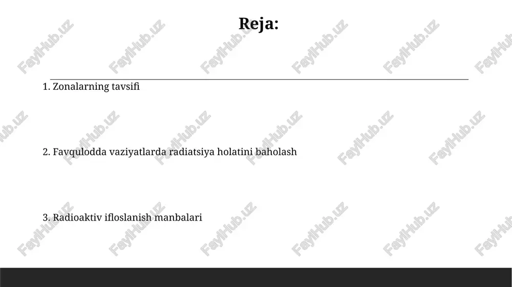 malari, masalan, geiger hisoblagichlari ishlatiladi. shuningdek, radiatsiyaviy ifloslanish darajasi 100 bq/kg dan oshmasligi kerak. radiatsion holatni baholashda aholi xavfsizligi uchun yashash joylaridan evakuatsiya qilish masalalari ko'rib chiqiladi. bu yerda ruxsat etilgan radiatsiya dozasi 1 msv/yil dan oshmasligi kerak. qonunchilik va me'yoriy hujjatlar sanpin 0193-06 “aholi punktlari hududlarini radioaktiv ifloslanishdan himoya qilish” sanitariya qoidalari radiatsiya gigienasi boʻyicha asosiy normativ hujjatlardan biri hisoblanadi. oʻzbekiston respublikasining “radiatsiya xavfsizligi toʻgʻrisida”gi qonuni, 2000-yil 31-avgustda qabul qilingan, radiatsiya xavfsizligini ta’minlash sohasidagi asosiy me’yoriy hujjat hisoblanadi. dezaktivatsiya usullari elektrokimyoviy dezaktivatsiya usullari metall yuzalaridan radioaktiv materiallarni olib tashlash uchun elektroliz jarayonidan foydalanadi, bunda 0.1-1.5 volt kuchlanishdan foydalanish mumkin. dezaktivatsiyalash usullari fizik-kimyoviy va mexanik usullarni o'z ichiga oladi, jumladan, ifloslangan sirtlarni tozalash uchun yuvish vositalari va sorbentlarni qo'llash ham muhim hisoblanadi. radiatsion xavfsizlikni ta'minlash bo'yicha chora-tadbirlar favqulodda vaziyatlarda aholini xavfsiz joylarga evakuatsiya qilish va ularni zaruriy yordam bilan ta'minlash radiatsion xavfsizlikni ta'minlashning eng muhim tadbirlaridan biridir. shaxsiy himoya vositalaridan …