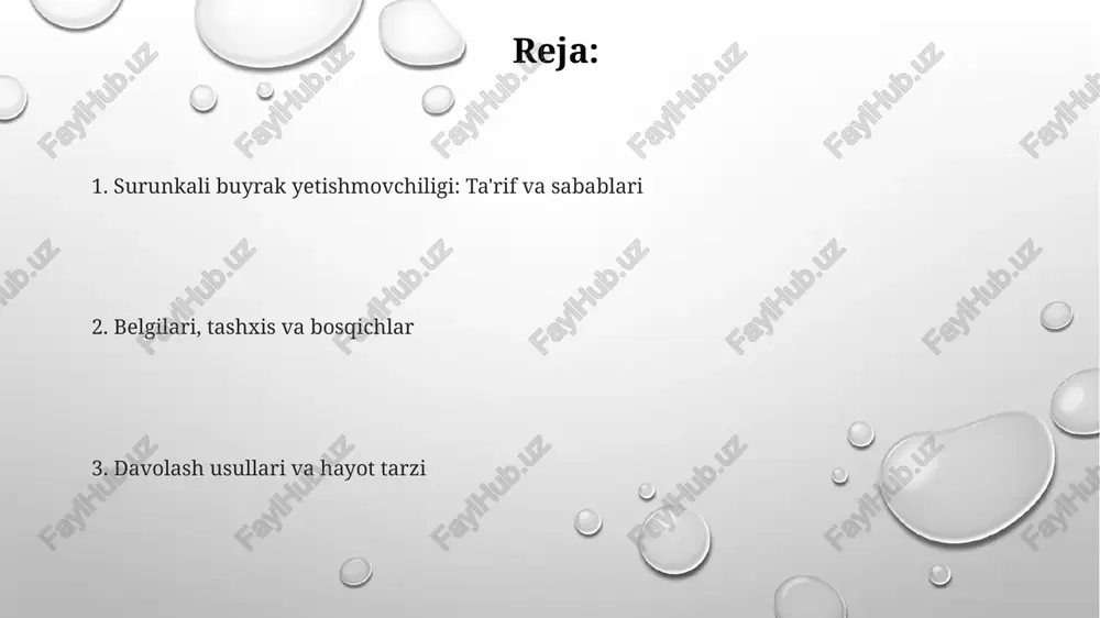 chiligi: kirish surunkali buyrak yetishmovchiligi (sby) - buyraklar funksiyasining progressiv, qaytarilmas yo'qolishi bo'lib, 3 oydan ortiq davom etadi va taxminan 10-13% aholiga ta'sir qiladi. sbyning asosiy sabablari diabet va gipertoniya bo'lib, buyraklarning filtrlovchi qobiliyatini pasaytiradi va glomerular filtratsiya tezligi (gfh) < 60 ml/min/1.73 m² ga tushadi. sbyning 5 bosqichi mavjud bo'lib, 1-bosqichda buyrak shikastlanishi normal gfh bilan (≥90 ml/min/1.73 m²), 5-bosqichda esa buyrak yetishmovchiligi (gfh < 15 ml/min/1.73 m²) kuzatiladi. tashxis qo'yish buyrak biopsiyasi: buyrak to'qimasining namunasi, glomerular kasalliklar kabi tashxisni aniqlash va davolash rejasini belgilash uchun zarur bo'lishi mumkin. gfrni baholash muhim: kreatinin darajasi 1,5 mg/dl dan yuqori bo'lsa, surunkali buyrak yetishmovchiligi xavfi ortadi, shuning uchun muntazam tekshiruv tavsiya etiladi. albuminuriya skriningi: siydikda 30 mg/g dan ortiq albumin bo'lishi buyrak shikastlanishini ko'rsatadi, ayniqsa diabet yoki gipertoniya bilan kasallangan bemorlarda. prognoz va hayot tarzi o'zgarishlari hayot tarzi o'zgarishlari, masalan, natriyni kuniga 2000 mg dan kamroq iste'mol qilish va oqsillarni cheklash, …