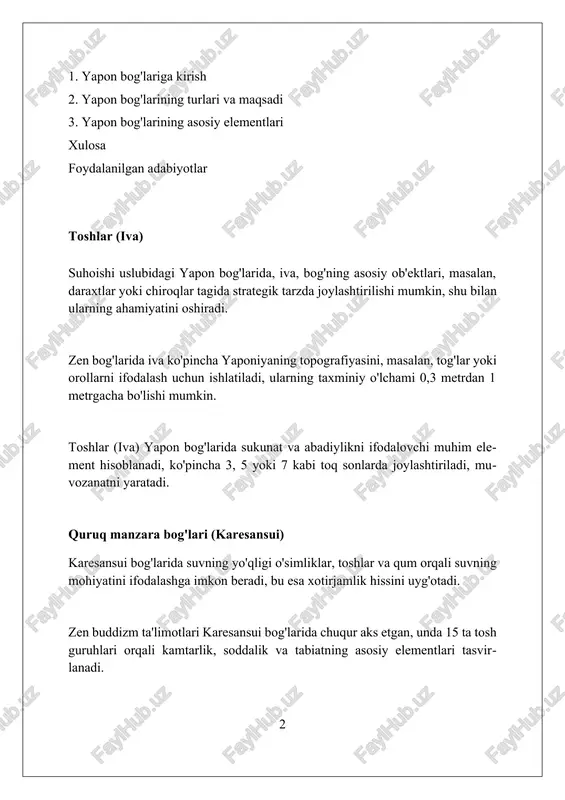 ilarida joylashgan kichik bog'lardir, bu xonalar orasida vizual aloqa yaratadi. bu bog'larda toshlar, suv havzalari va o'simliklar kabi elementlar minimal tarzda ishlatiladi, bu esa kamida 3-5 elementdan iborat bo'lib, zen falsafasini aks ettiradi. tsubo-niwa bog'lari odatda choy marosimlari xonasidan (chashitsu) ko'rinib turadi, bu esa mehmonlarga bog'ning go'zalligidan bahramand bo'lish imkoniyatini beradi, bu esa 2 yoki 3 kishini sig'dirishi mumkin. bog' bezaklari bog‘ bezaklari yapon bog‘larida estetik qimmatga ega bo'lgan elementlardir, masalan, tosh fonarlar (tōrō) ko'pincha buddist ibodatxonalariga sovg'a qilingan va yo'llarni yoritish vazifasini bajaradi. yapon bog'larida moxlar (bryophyta) ko'p uchraydi; ular bog'ning toshlari va tuprog'ida o'sadi, vaqt o'tishi bilan tabiatning tabiiy go'zalligini ta'kidlaydi hamda o'ziga xos joziba beradi. suv havzalari, ko'pincha koi (cyprinus rubrofuscus) baliqlari boqiladigan hovuzlar, bog'ning muhim qismidir, ular tinchlik va o'zaro bog'liqlikning ramzi sifatida xizmat qiladi va meditatsiyaga yordam beradi. suv (mizu) suvning muhim jihati tozalikdir; yapon bog'larida suvning tinchligi va ravshanligini saqlash uchun tez-tez tozalash va …