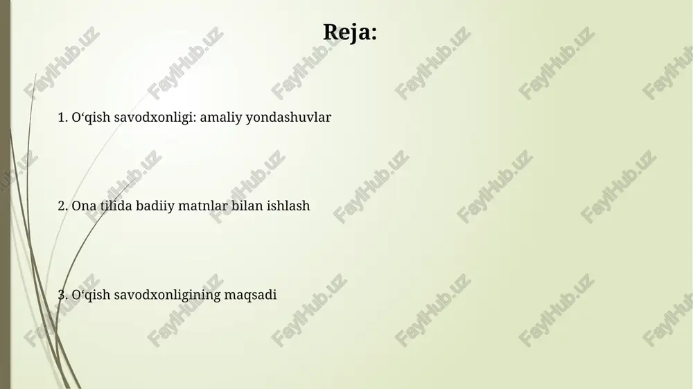 o'quvchining matnni qay darajada tahlil qila olishini ko'rsatadi. o'qish savodxonligi - bu matnlarni tushunish, baholash va ulardan foydalanish qobiliyati bo'lib, 21-asr ko'nikmalarining asosi hisoblanadi. o'qish savodxonligining maqsadi o'qish savodxonligining maqsadi 21-asr ko'nikmalarini rivojlantirish, jumladan tanqidiy fikrlash va muammolarni hal qilish qobiliyatini oshirishdan iborat. o'qish savodxonligi orqali bolalar o'z ona tilida 90% gacha matnlarni anglash imkoniyatiga ega bo'lib, bu ularning kelajakdagi ta'lim olishiga zamin yaratadi. ona tilida o'qish savodxonligini rivojlantirish strategiyalari matnni tahlil qilish ko'nikmalarini rivojlantirish maqsadida, 5w1h (kim, nima, qachon, qayerda, nega, qanday) savollariga javob topishga qaratilgan interaktiv darslar tashkil etish lozim. o'quvchilarning lug'at boyligini oshirish uchun 7-8-sinflarda so'z boyitish mashqlarini qo'llash, kontekst orqali yangi so'zlarni tushunish va ularni amalda ishlatishga urg'u berish kerak. e'tiboringiz uchun rahmat @taqdimot_robot image2.jpg image3.jpg image4.jpg image5.jpg image6.jpg image7.jpg image8.jpg