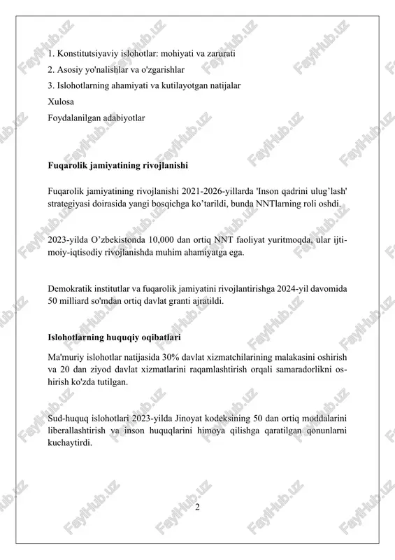 ulosa konstitutsiyaviy islohotlar bo'yicha xulosada 20 dan ortiq yangi moddalar va tuzatishlar kiritilganligi, shuningdek, referendumda 80% dan yuqori qo'llab-quvvatlanganligi aks etishi muhim. xulosada, konstitutsiyaviy islohotlar natijasida davlat boshqaruvida 3 ta muhim o'zgarish yuz berganligi ta'kidlanadi: xalq hokimiyatchiligi, ijtimoiy adolat va qonun ustuvorligi. xulosa - bu konstitutsiyaviy islohotlarning yakuniy natijasi, bunda o'zgarishlar samaradorligini baholash, 5 ta asosiy yo'nalish bo'yicha erishilgan yutuqlarni tahlil qilish zarur. konstitutsiyaviy islohotlarning maqsad va vazifalari islohotlar jarayonida davlat boshqaruvining samaradorligini oshirish, xalq hokimiyatchiligini mustahkamlash va jamiyatda qonun ustuvorligini ta’minlash kabi vazifalar hal qilinadi. konstitutsiyaviy islohotlarning asosiy maqsadi – o‘zbekistonning 2026-yilga mo‘ljallangan taraqqiyot strategiyasida belgilangan ustuvor vazifalarni amalga oshirishga huquqiy zamin yaratishdir. konstitutsiyaviy islohotlar orqali inson huquqlari va erkinliklarini kafolatlash, ijtimoiy adolatni ta’minlash hamda fuqarolarning davlat boshqaruvidagi ishtirokini kengaytirish ko‘zda tutilgan. konstitutsiyaviy islohotlar: kirish ushbu islohotlar, masalan, hokimiyatlar bo'linishi tamoyilini kuchaytirish, sud-huquq tizimini liberallashtirish, xalq hokimiyatchiligini ta'minlash kabi maqsadlarni ko'zlaydi. konstitutsiyaviy islohotlar - bu jamiyatdagi siyosiy, iqtisodiy va …