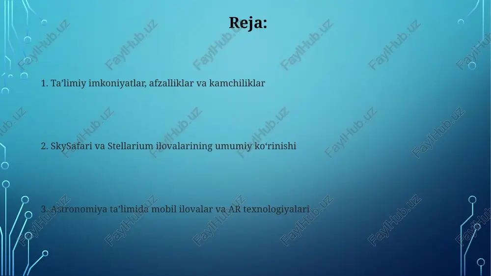 o'rganish imkonini beradi, bu an'anaviy darsliklardan ustunlik qiladi. astronomiya ta'limida mobil ilovalar 10+ yoshli o'quvchilarga osmon jismlari joylashuvini real vaqtda ko'rishga yordam beradi, tunda teleskop yo'nalishini osonlashtiradi. skysafari ilovasi: umumiy ko'rinish skysafari ilovasi 120 milliondan ortiq osmon jismlari, jumladan, yulduzlar, sayyoralar va galaktikalar haqida batafsil ma'lumotlarni o'z ichiga olgan keng ma'lumotlar bazasiga ega. ushbu ilova real vaqt rejimida osmon jismlarining joylashuvini ko'rsatish uchun telefoningizning sensorlaridan, masalan, gps va kompasdan foydalanadi, bu kuzatishni osonlashtiradi. mobil ilovalar yordamida kuzatish loyihalari mobil ilovalar, masalan, skysafari yordamida talabalar, ma'lum yulduzlar va sayyoralarning joylashuvini kuzatib, ularning haqiqiy koordinatalarini va harakatlarini o'rganishlari mumkin. kuzatuv loyihalarida stellarium ilovasi osmon jismlarining virtual modellarini yaratishga yordam beradi, bu esa atmosfera sharoitlari va optik effektlarni hisobga olgan holda ma'lumotlarni tahlil qilish imkonini beradi. afzalliklari va cheklovlari ar texnologiyasi yordamida astronomiya darslari interaktiv bo'ladi, afzallik. asosiy cheklov esa, uskunaning yuqori narxi bo'lishi mumkin, bu har bir maktab uchun qulay emas. skysafari …