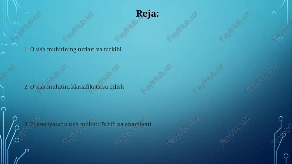 nnitol tuzli agardir, unda yuqori tuz konsentratsiyasi (taxminan 7.5% nacl) ko'pchilik bakteriyalarning o'sishini oldini oladi, lekin staphylococcus kabi tuzga chidamli bakteriyalarga imkon beradi. tanlab olinadigan muhitlar klinik mikrobiologiyada juda muhim ahamiyatga ega, chunki ular naqsh namunalaridan 10^2 - 10^3 cfu/ml bo'lgan patogenlarni aniqlash va izolyatsiya qilish imkonini beradi. boyitilgan o'sish muhiti chocolate agar - bu boyitilgan muhit bo'lib, 80°c haroratda qizdirilgan qonli agardan tayyorlanadi. bu jarayon eritrositlarni parchalab, x (gemin) va v (nad) faktorlarini chiqaradi. boyitilgan o'sish muhitlari selektiv o'sishni ta'minlamaydi. ular ko'plab turdagi mikroorganizmlar, shu jumladan talabchan mikroblar o'sishiga imkon beradi, agar faqat bitta tur o'stirilishi zarur bo'lmasa. bakterial o'sish uchun zarur bo'lgan ozuqa moddalari uglerod manbai, masalan glyukoza, bakteriyalar uchun energiya va hujayra tuzilishi uchun zarur. ular uglerodni 50% quruq vaznini tashkil qiladi va biosintezda muhim ahamiyatga ega. azot oqsillar, nuklein kislotalar va boshqa hujayra komponentlarini sintez qilish uchun muhimdir. bakteriyalar aminokislotalar yoki ammiak kabi turli xil azot …