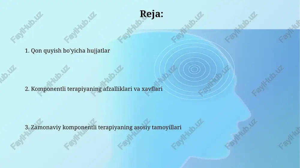 bir bemorga faqat kerakli qon komponentini berish, qolgan komponentlarni boshqa bemorlar uchun saqlash va ishlatish imkonini beradi. alohida komponentlardan foydalanish bemorning umumiy holatini yaxshilaydi, allergik reaktsiyalar xavfini kamaytiradi va har bir birlik qondan maksimal terapevtik foyda olishni ta'minlaydi. qon quyish bo'yicha hujjatlar: kirish protokollar har bir transfuziya epizodini batafsil yoritadi, jumladan, quyilgan qon komponentining hajmi (ml), seriyasi va yaroqlilik muddati kabi muhim maʼlumotlar keltiriladi. transfuzyonni tartibga soluvchi asosiy qonunlar 2018-yil 12-oktabrdagi oʻrq-497-sonli “donorlik toʻgʻrisida”gi qonun va tegishli normativ hujjatlardir, ularga qatʼiy rioya qilish shart. qon quyishda xavfsizlik va asoratlar qon quyish asoratlari o'tkir immun gemolitik reaktsiyalarni qamrab oladi, bunda bemorning antitelalari donor qonidagi antijenlarga hujum qiladi va bu gemolizga olib keladi. qon quyishda xavfsizlik choralari donorlarni sinchkovlik bilan tekshirishni o'z ichiga oladi, shu jumladan oiv, gepatit b va c kabi yuqumli kasalliklarga qarshi tekshiruvlar majburiydir. e'tiboringiz uchun rahmat @taqdimot_robot image3.jpg image4.jpg image5.jpg image6.jpg image7.jpg image8.jpg image9.jpg image1.png