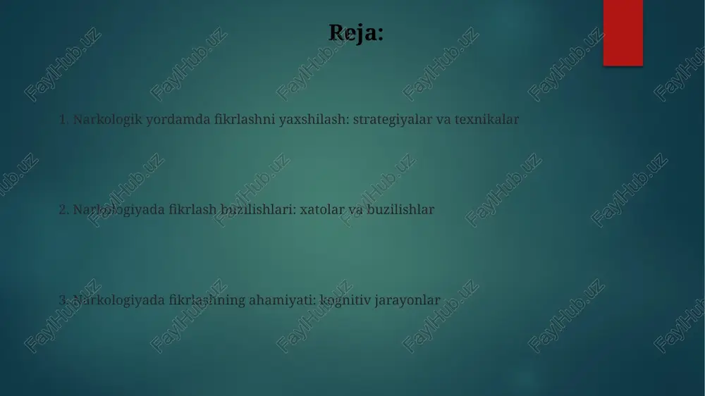 mmoni hal qilishga undaydi. motivatsion intervyu orqali empatiya, savollar berish va reflekslar yordamida fikrlash, 0 dan yuqori bo'lgan ishonch darajasida o'zgarishga turtki beradi. fikrlashning buzilishi va giyohvandlik giyohvandlik, kognitiv buzilishlarga, shu jumladan diqqatni jamlash qobiliyatining pasayishiga olib keladi, bu esa reabilitatsiya jarayonini qiyinlashtiradi va relaps ehtimolini oshiradi. narkotik moddalarni iste'mol qilish, xotira jarayonlariga salbiy ta'sir ko'rsatadi, xususan, epizodik xotirani buzadi, bu esa oldingi giyohvandlik tajribalarini eslashni qiyinlashtiradi. giyohvandlikka qarshi kurashda tanqidiy fikrlash tanqidiy fikrlash sog'liqni saqlash xodimlari uchun samarali davolash usullarini aniqlashda yordam beradi, masalan, kognitiv-xulqiy terapiya (kxt) 90% muvaffaqiyatga erishadi. tanqidiy fikrlash giyohvandlikka qarshi kurashda yoshlarni manipulyativ reklamalar va yolg'on ma'lumotlarga qarshi himoya qiladi, ularning 75 foizi internetda tarqalgan. fikrlashni o'zgartirish strategiyalari dialektik xulq-atvor terapiyasi (dbt) qobiliyatlari, jumladan, ongli ravishda yashash, azobga bardosh berish va 4 ta hissiy tartibga solish, fikrlashni boshqarish uchun kuchli vositadir. ratsional-emotsional xulq-atvor terapiyasi (rebt) irratsional e'tiqodlarni aniqlash va ularni 5-7 ta ratsional e'tiqodlar bilan …