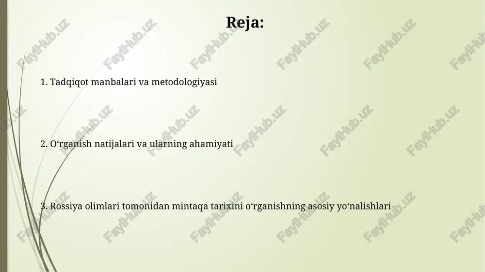 0-1762) hudud haqidagi ilk maʼlumotlarni berdi. turkiston oʻlkasi bosib olingandan keyin (1860-1880 yillar) rus arxeologlari faollashdi. v.v.bartoldning oʻrta osiyo tarixiga oid fundamental asarlari shu davrda yaratildi. zamonaviy tendentsiyalar va istiqbollar interdistsiplinar tadqiqotlar, jumladan, arxeologiya, antropologiya va tarixiy demografiya ma'lumotlarini integratsiya qilish, mintaqa tarixini 18-20-asrlarda kompleks o'rganish uchun istiqbolli tendensiya bo'lib qolmoqda. rus olimlari mintaqa tarixini o'rganishda raqamli gumanitar fanlarga e'tibor kuchaymoqda, masalan, geoinformatika orqali tarixiy ma'lumotlarni vizuallashtirish va tahlil qilish istiqbollari kengaymoqda. arxiv manbalarining roli arxiv fondlarida saqlangan yozishmalar, hisobotlar va qarorlar, tadqiqotchilarga rossiya imperiyasining mintaqaviy siyosati, boshqaruv usullari va mahalliy aholi bilan munosabatlari haqida qimmatli ma'lumotlarni beradi. arxiv manbalari, ayniqsa, xix asr oxiri va xx asr boshlarida tadqiqotchilar uchun asosiy material bo'lib, mintaqaning ijtimoiy-iqtisodiy rivojlanish dinamikasini o'rganishda muhim ahamiyatga ega edi. urushdan keyingi davr tadqiqotlari urushdan keyingi davrda arxeologik qazishmalar kengaytirildi, xususan, o'rta osiyo hududida 1946-yilda boshlangan janubiy turkmaniston arxeologik ekspeditsiyasi (yutake) muhim rol o'ynadi. 1950-yillarda 'o'zbekiston tarixi' kabi …