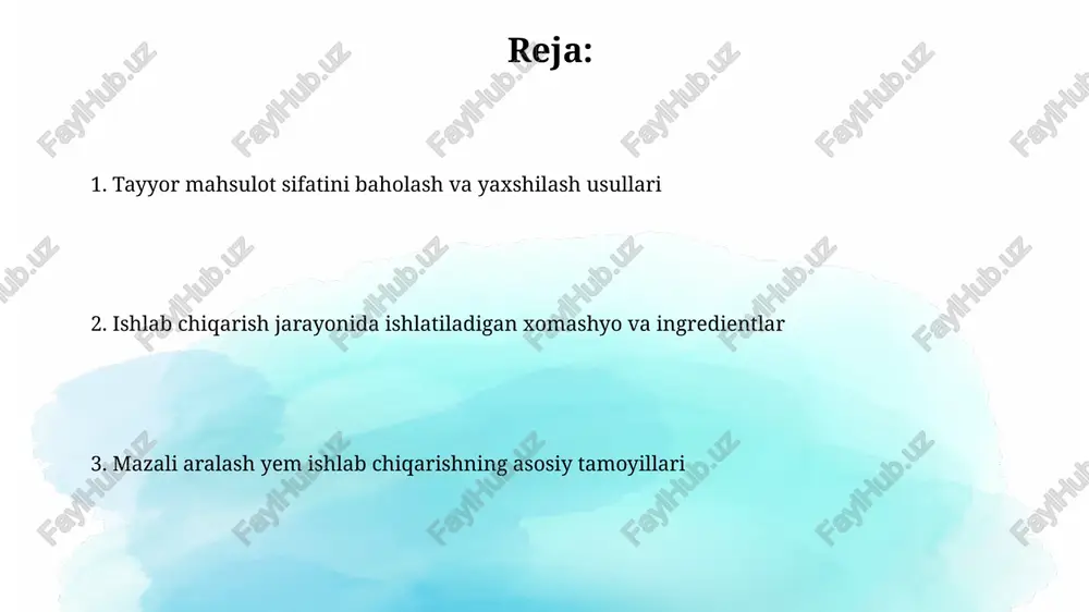 ta'mga bo'lgan munosabatini 9 ballik ko'rsatkichda baholash imkonini beradi. ozuqa sifatini tahlil qilishda 1064 nm nir spektroskopiyasi qo'llaniladi, bu protein, yog' va tolaning miqdorini aniqlashda, namunani tayyorlash vaqtini 75% ga qisqartiradi. xom ashyo tanlash va sifati xom ashyoning donadorligi 2-5 mm bo'lishi, rangi tabiiy, hidi esa xom ashyoning o'ziga xos bo'lishi, achigan yoki chirigan hidlar bo'lmasligi kerak. xom ashyo tanlashda, tarkibidagi namlik darajasi 12% dan oshmasligi, zaharli moddalar (mikotoksinlar) miqdori belgilangan me'yorlardan past bo'lishi shart. iqtisodiy samaradorlik ishlab chiqarish jarayonlarida zamonaviy texnologiyalarni qo'llash, ishchi kuchini 5-7% ga tejab, energiya sarfini kamaytiradi, shu bilan iqtisodiy samaradorlikka erishiladi. iqtisodiy samaradorlik, yem xashak narxini kamaytirish orqali 15-20% gacha foydani oshiradi, bu esa investitsiya mablag'larining qoplanish muddatini tezlashtiradi. xulosa o'rganish shuni tasdiqlaydiki, aralash yemni ishlab chiqarishda fermentatsiya jarayoni 25% ga ozuqaviy moddalarni oshiradi va hazm bo'lishini osonlashtiradi. tadqiqot natijalari shuni ko'rsatadiki, 3 xil komponentdan iborat aralash yem, iste'mol qulayligi va ozuqaviy qiymati bo'yicha, bitta …