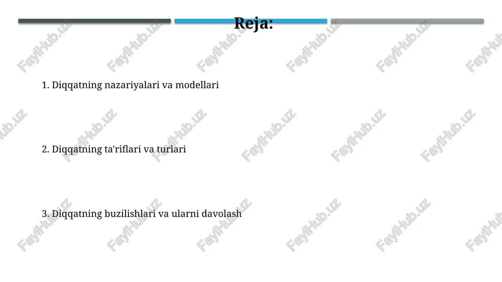 ahamiyatini ta'kidlaydi. diqqatni jamlash mashqlari, masalan, schulte jadvali bilan ishlash, xotirani 30% gacha yaxshilaydi. dikkatsizlik tufayli yo'qotilgan ma'lumotlar soni kamayadi. diqqatning xususiyatlari diqqatning ko'chirilishi, diqqatni bir ob'ektdan boshqasiga tez va ongli ravishda o'tkazish qobiliyatidir, bunda ko'chirish vaqti 0.1-0.5 soniyagacha bo'lishi mumkin. diqqatning barqarorligi vaqti uning davomiyligini belgilaydi, odatda 15-20 daqiqa atrofida bo'lib, bu davrda diqqatni bir ob'ektga to'liq qaratish mumkin. diqqatning kundalik hayotdagi ahamiyati diqqat har kuni vazifalarni bajarishda muhim, masalan, 90% xavfsizlikni ta'minlash uchun transport vositasini boshqarishda diqqatni jamlash shartdir. kundalikda diqqatni ushlab turish uchun, 'pomodoro' texnikasi orqali 25 daqiqa ishlash va 5 daqiqa dam olish kabi usullardan foydalanish mumkin. e'tiboringiz uchun rahmat @taqdimot_robot image2.jpg image3.jpg image4.jpg image5.jpg image6.jpg image7.jpg image8.jpg