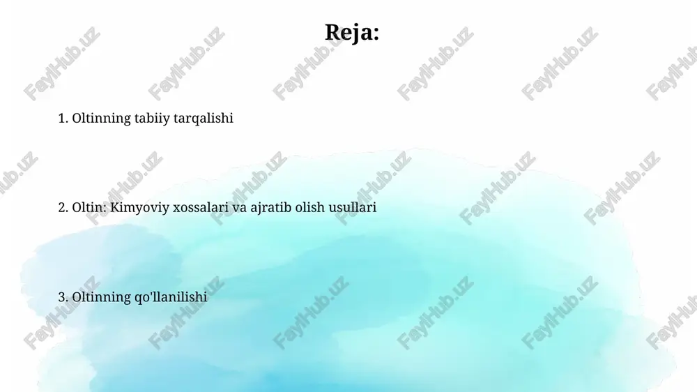 ktron konfiguratsiyasida 6s1 orbitalida bitta valentlik elektroniga ega ekanligini anglatadi. oltin inert metaldir, shuning uchun u ko'pchilik kislotalar va asoslar bilan reaksiyaga kirishmaydi, lekin aqua regia (hno3 va hcl aralashmasi) uni eritib, tetrakloroaurat(iii) kislotasini hosil qiladi. oltinning zaxiralari va iqtisodiy ahamiyati oltin qazib olish o‘zbekiston yalpi ichki mahsulotining (yaim) sezilarli qismini tashkil etadi, xususan, 7-10% atrofida, bu esa respublikaning byudjet daromadlarining asosiy manbai hisoblanadi. navoiy kon-metallurgiya kombinati o‘zbekistondagi eng yirik oltin qazib chiqaruvchi korxona bo‘lib, 2023-yilda taxminan 60 tonna oltin ishlab chiqarish orqali davlat iqtisodiyotiga katta hissa qo‘shdi. oltin qazib olish oltin qazib olishda sianidlash usuli keng qo'llaniladi, bunda oltin sianid ionlari [au(cn)2] shaklida eritmaga o'tadi, keyin rux kukuni bilan cho'ktiriladi. ushbu jarayonning samaradorligi 90% dan yuqori bo'lishi mumkin. oltin qazib olishning eng qadimgi usullaridan biri bu allyuvial konlardan oltin zarralarini yuvishdir. bu usulda oltin qum va shag'al aralashmasidan ajratib olinadi, zarrachalarning zichligi farqiga asoslanadi. e'tiboringiz uchun rahmat @taqdimot_robot image3.jpg …