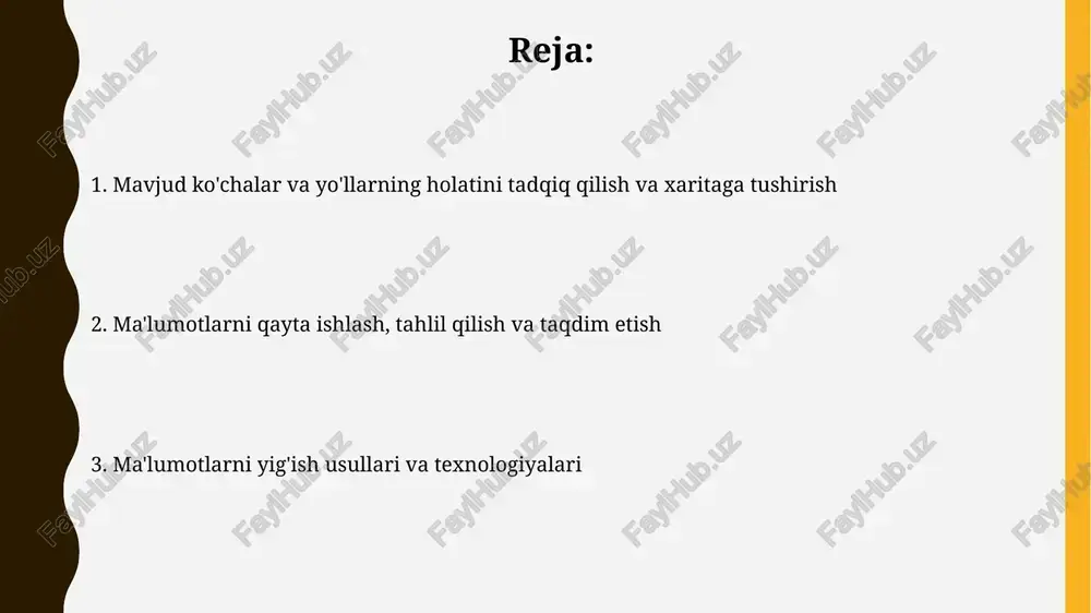 a ega, sababi ular yo'llarning koordinatalari, kengligi va atributiv ma'lumotlarini vizual tarzda namoyish etadi. statistik tahlil usullari, masalan regressiya modellari, yo'llarning buzilish darajasiga ta'sir etuvchi omillarni (harakatlanish zichligi, ob-havo sharoiti, yuklamalar) aniqlash uchun foydalaniladi. kirish kirish, aerofotosuratlar yoki lidar skanerlash orqali olingan geodezik ma'lumotlarni, masalan, gps koordinatalari va balandliklarni nazorat qilish nuqtalari kabi aniqlashtirishni o'z ichiga oladi. kirish bosqichi, topografik xususiyatlar, kommunikatsiya moslamalari va mavjud asfalt qoplamasidagi yoriqlar kabi yo'l qatlamining buzilishlarini aniq xaritalash uchun zarurdir. mavjud holat xaritasi mavjud holat xaritasida yo'l belgilarining joylashuvi, yoritish ustunlari, yomg'ir suvi tarmoqlari va boshqa yer osti kommunikatsiyalari (masalan, gaz quvurlari) kabi muhim infratuzilma elementlari 5 santimetrgacha aniqlikda ko'rsatilishi zarur. mavjud holat xaritasi ko'chalarning gps koordinatalari, balandlik ma'lumotlari va sirt qoplamasining turini (masalan, asfalt, beton) aniq aks ettirishi kerak, bu esa 1:500 dan 1:2000 gacha bo'lgan masshtabda tasvirlanadi. gis dasturiy ta'minoti geografik axborot tizimlari (gis) dasturlari masofaviy zondlash ma'lumotlarini, gps koordinatalarini va 2d/3d …