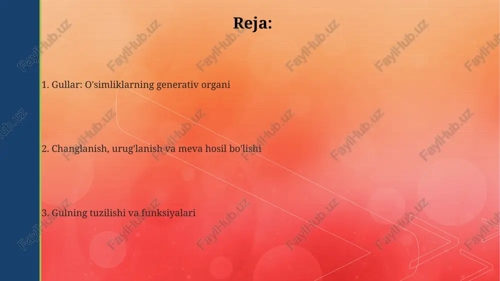 evorining o'zgarishi bilan boshlanadi, ba'zan gipantsiy kabi boshqa gul qismlari ham 20-50% qatnashadi. eti meva perikarp deb ataladi va 3 qatlamga bo'linadi: tashqi ekzokarp, o'rta mezokarp va ichki endokarp, ularning har biri 1 dan 15 qatlamgacha hujayralardan iborat. meva tarkibida 1 dan 1000 gacha urug' bo'lishi mumkin, ularning soni urug'lanish vaqtida urug' kurtaklarining miqdori bilan belgilanadi, rivojlanish davri 30-180 kun. urug'lanish va urug' hosil bo'lishi urug' kurtagi urug'ga aylanadi, uning integrallari urug' qobig'ini hosil qiladi. zigota embrionga aylanadi, uning tarkibiga kurtak, ildizpoya va bitta yoki ikkita urug'bargi kiradi. changlanishdan so'ng, chang naychasi urug' kurtagiga o'sib kiradi va ikkita sperma hujayrasini olib keladi, ulardan biri tuxum hujayrasi bilan qo'shilib, 2n diploid zigotani hosil qiladi. ikkinchi sperma hujayrasi markaziy hujayra bilan qo'shilib, 3n triploid endosperm hosil qiladi, bu urug'ning oziqlanish manbai bo'lib, unda kraxmal, oqsillar va yog'lar mavjud. gullar: o'simliklarning generativ organlari gullarning tuzilishi va rangi turlicha bo'lib, bu o'simliklarning evolyutsiyasi natijasidir. …